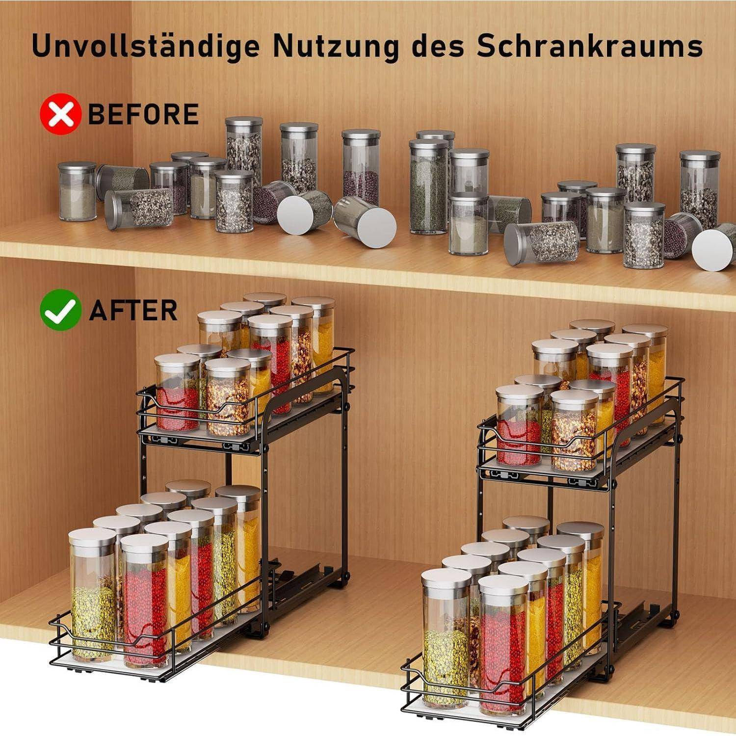 Organisierte Vorratsregale, die 'vorher' mit ungeordneten Gewürzgläsern und 'nachher' mit ordentlich angeordneten Gewürzgläsern auf gestuften Ständern zeigen.