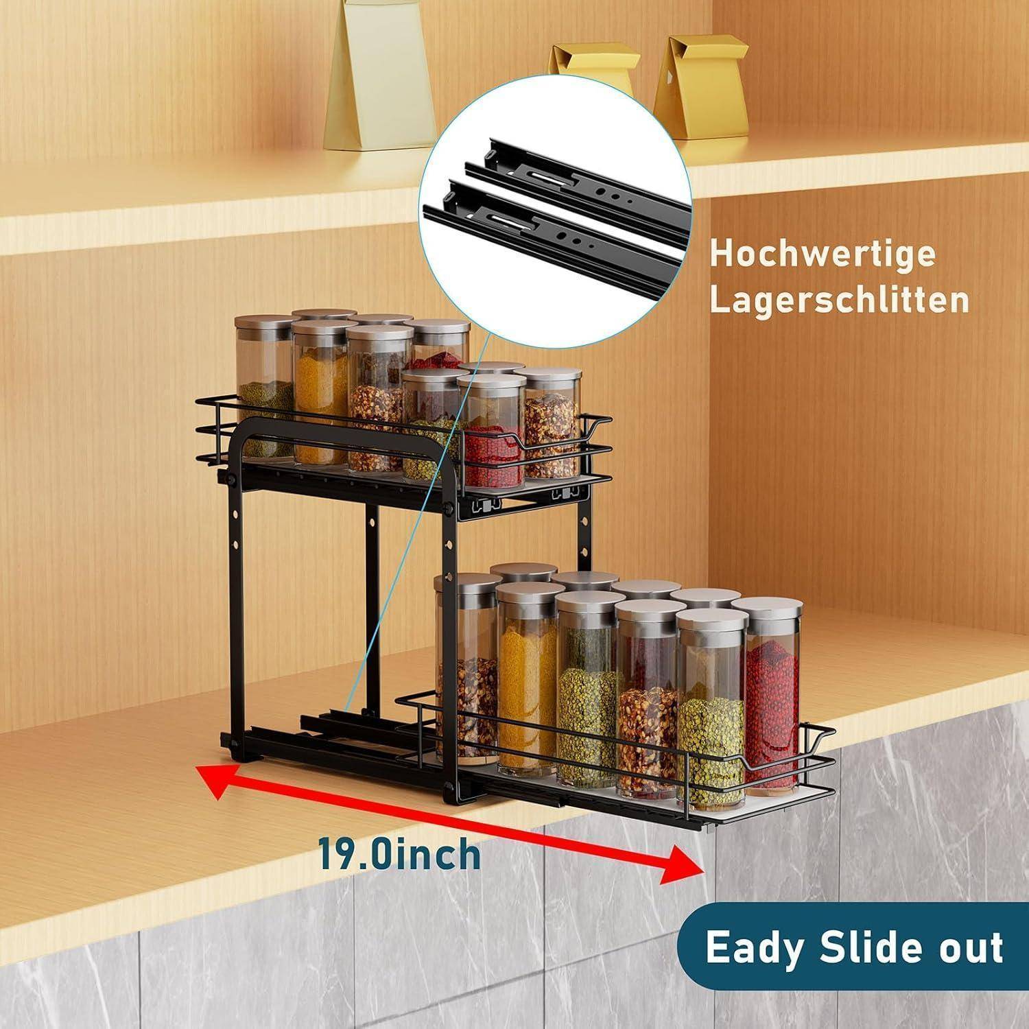 Ausziehbarer Küchenregalauszug mit verschiedenen Gläsern, 19 Zoll breit. Detailansicht zeigt hochwertige Schubladenschienen im Einschub.