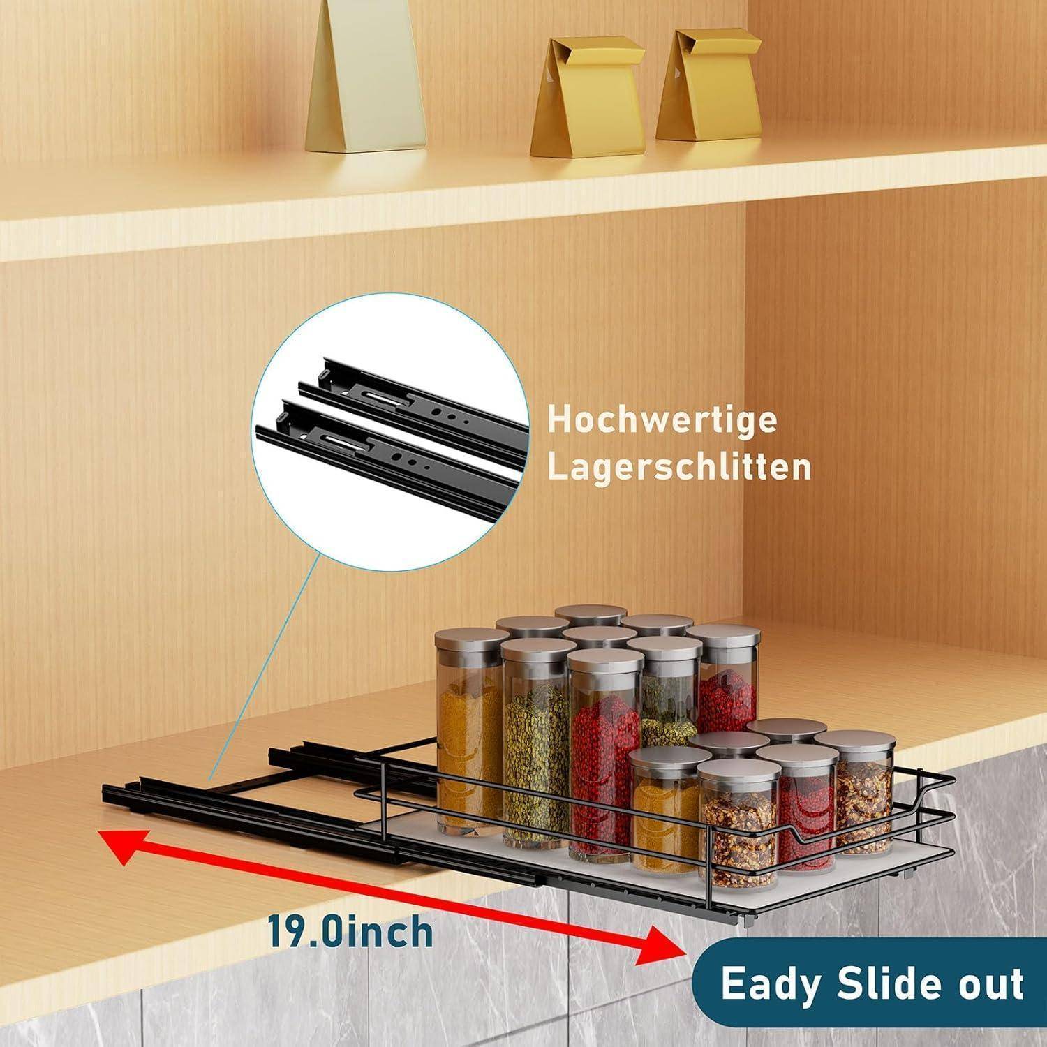 Herausziehbare Kücheneinbauschrank-Organizer mit Gewürzgläsern in Reihen und einem hervorgehobenen Bereich, der 