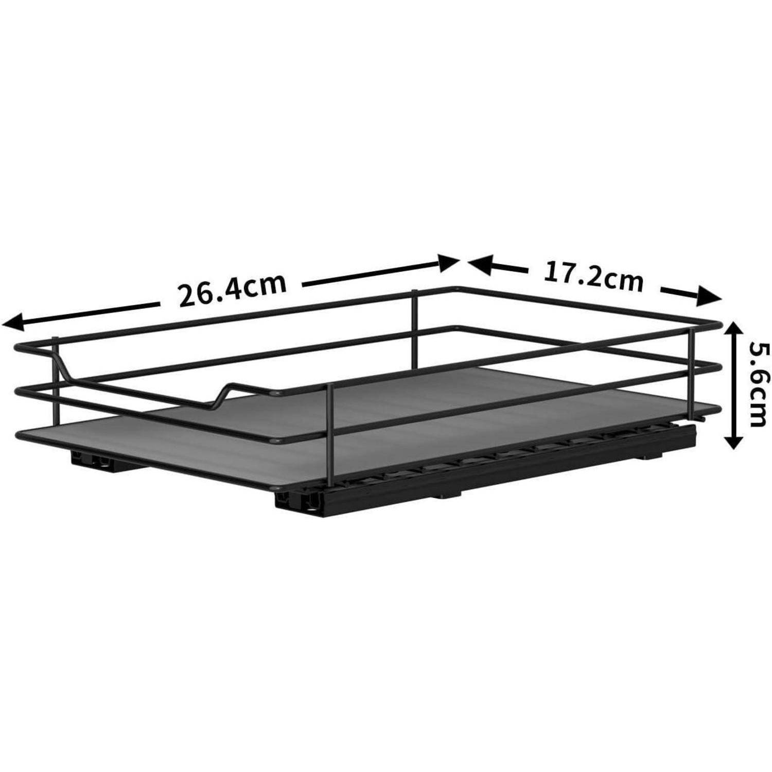 Metalltablett mit Abmessungen: 26,4 cm Länge, 17,2 cm Breite, 5,6 cm Höhe.