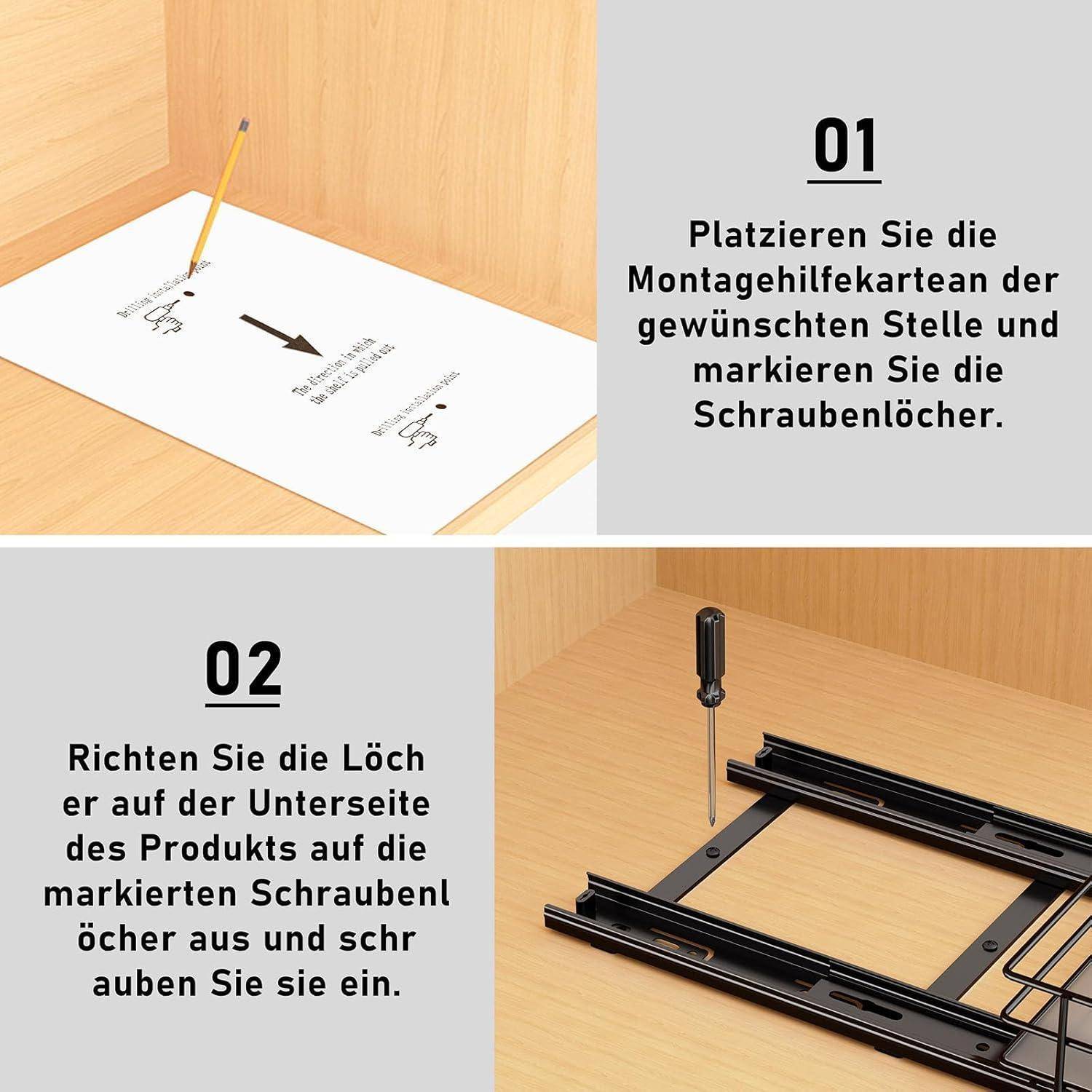 01: Platzieren Sie die Montagehilfekarte an der gewünschten Stelle und markieren Sie die Schraubenlöcher.' zeigt eine Anleitung mit Papier und Bleistift. '02: Richten Sie die Leiste auf der Unterseite des Produkts auf die markierten Schraubenlöcher aus und schrauben Sie sie ein.' zeigt eine schwarze Leiste mit Schraubenzieher.