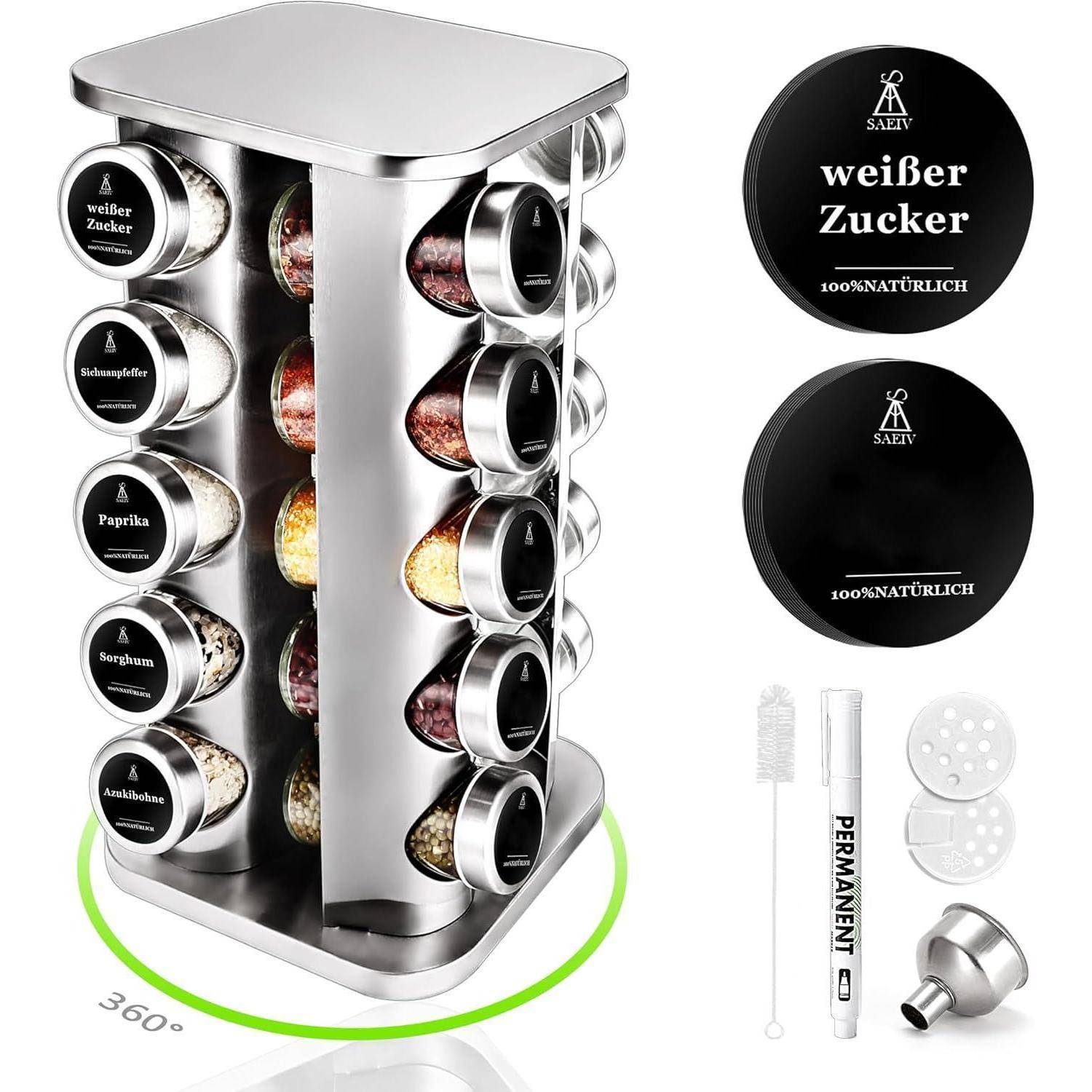 Ein Gewürzregal mit Drehfunktion mit 20 beschrifteten Gläsern, darunter 'weißer Zucker' und 'Paprika'. Inklusive eines Markers, eines Trichters und einer Reinigungsbürste.