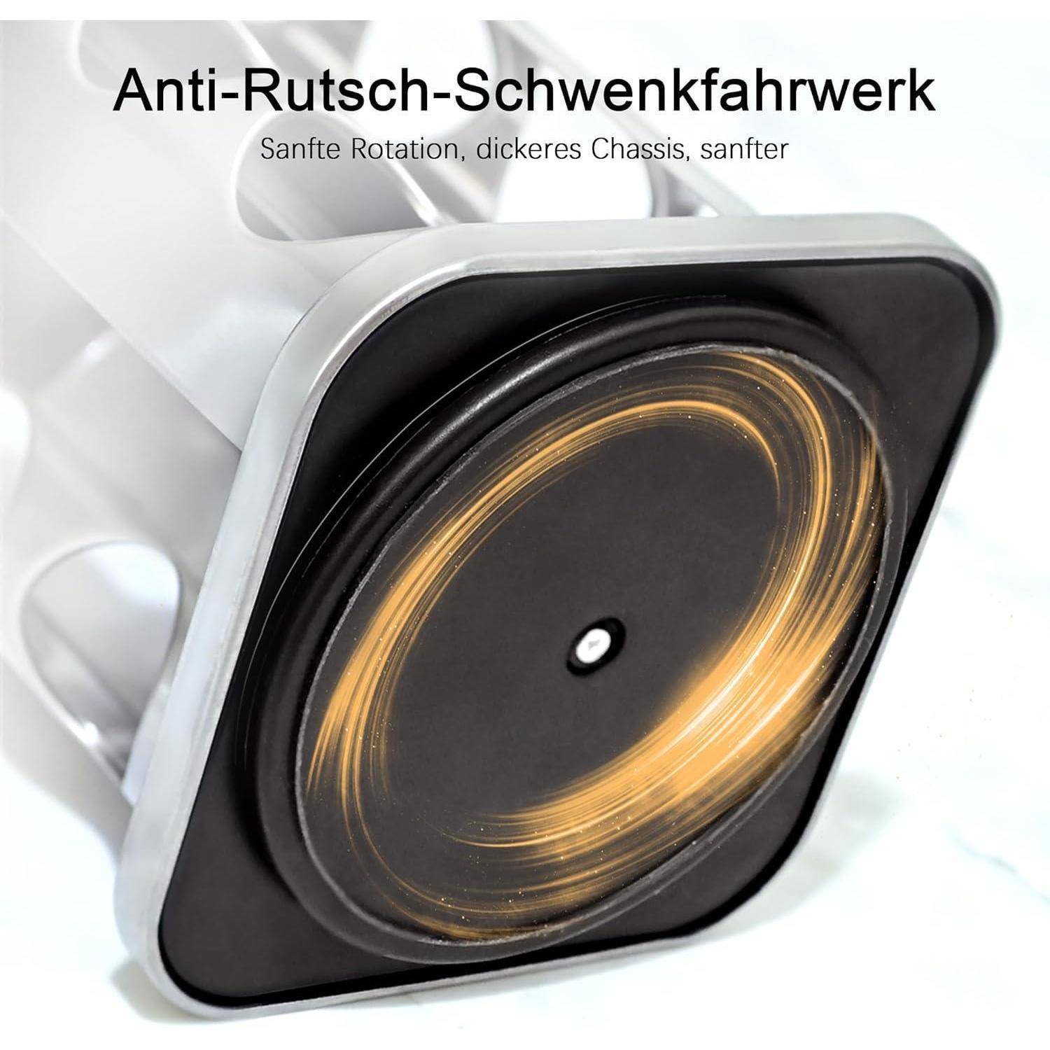Eine Nahaufnahme eines Rads mit dem Text 'Anti-Rutsch-Schwenkfahrwerk' darüber, die seine rutschfesten und gleichmäßigen Rotationseigenschaften präsentiert.