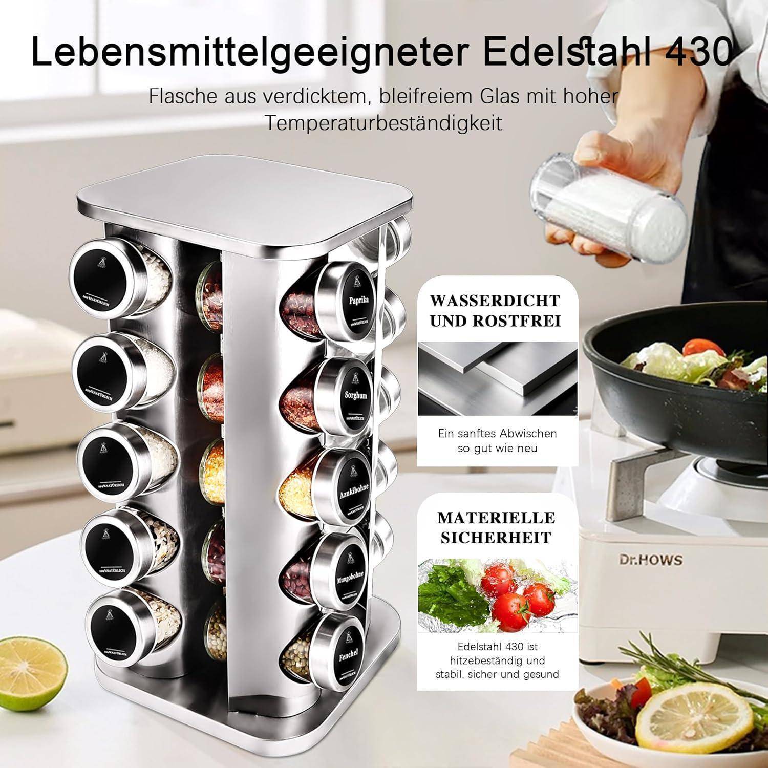 Edelstahl-Gewürzregal mit beschrifteten Gläsern, gekennzeichnet mit 'Wasserdicht und Rostfrei' und 'Materielle Sicherheit', neben einer Kochtopfpfanne präsentiert.