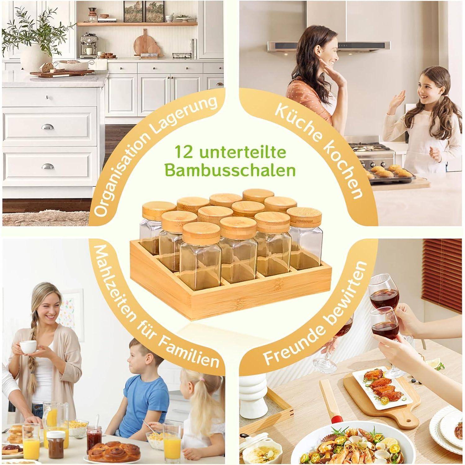 Eine Küchenszene zeigt Menschen, die interagieren und speisen, mit einer Präsentation von 12 geteilten Bambusschalen. Der Text betont deren Verwendung zum Kochen, zur Aufbewahrung, für Familien und zum Unterhalten.