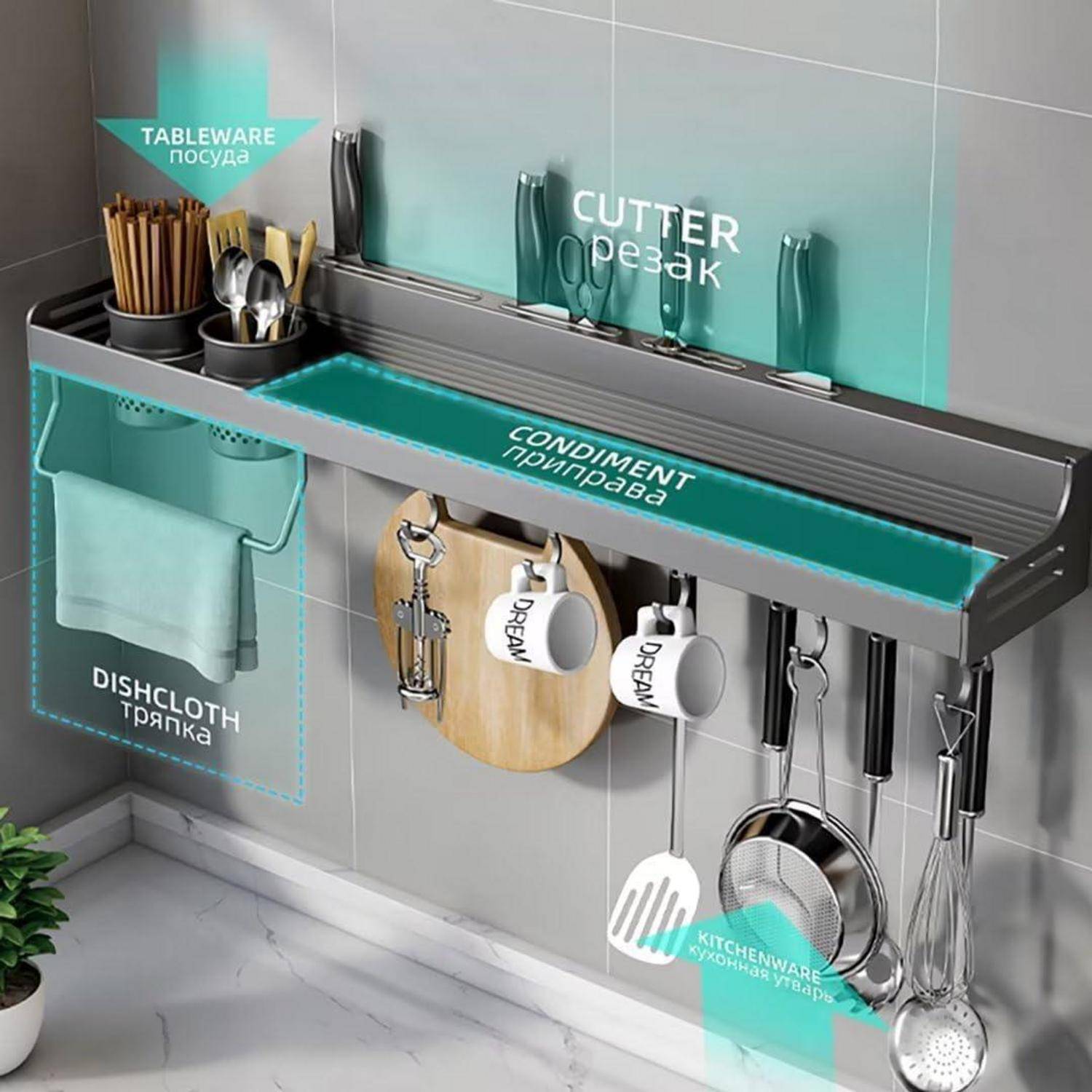 Ein Küchenwandorganizer mit beschrifteten Abschnitten für Geschirr, Schneider, Gewürze, Spültücher, Schneidbretter und Küchenutensilien.