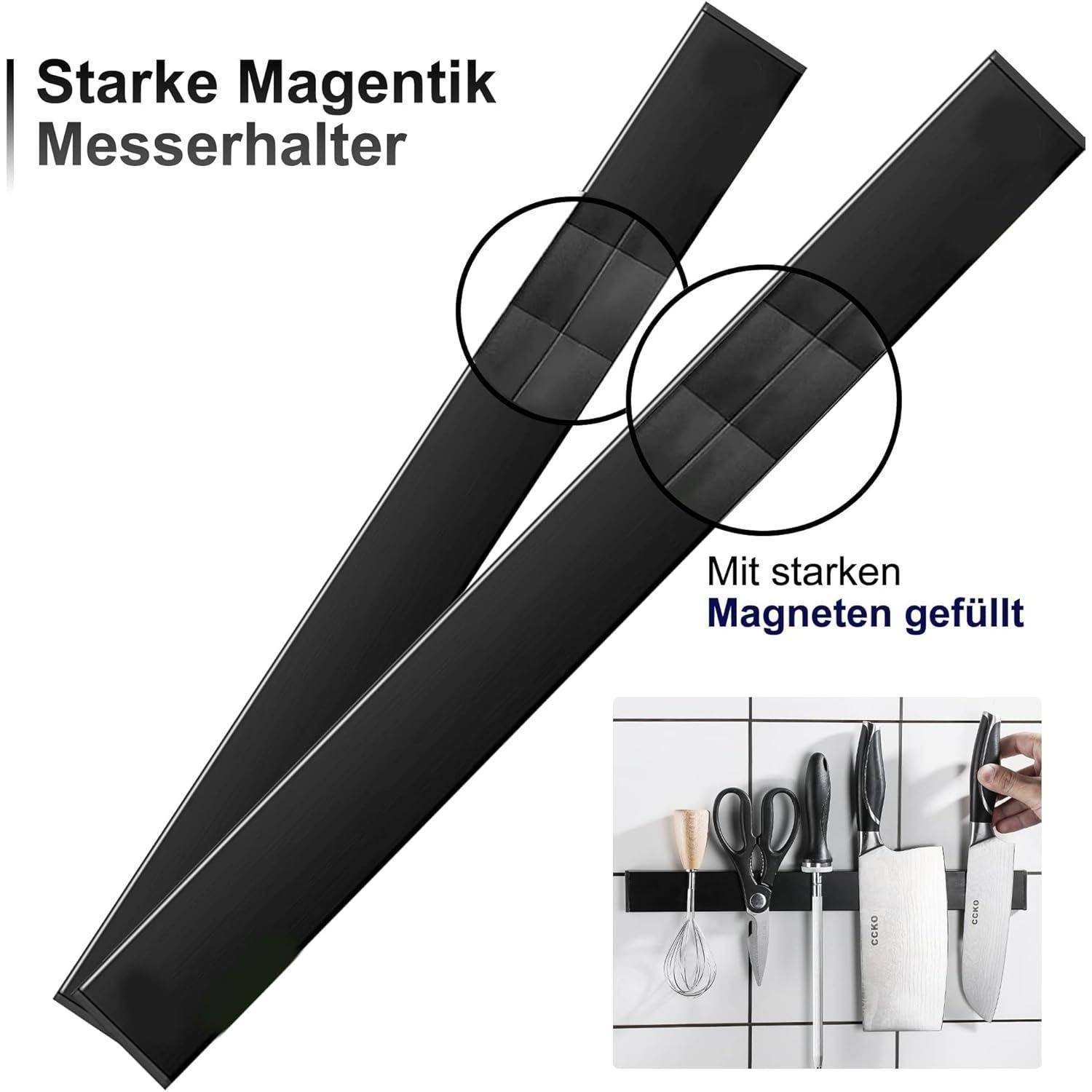 Zwei schwarze magnetische Messerhalter an einer Wand; einer davon mit mehreren Küchenutensilien. Text auf Deutsch bewirbt starke Magnetkraft.