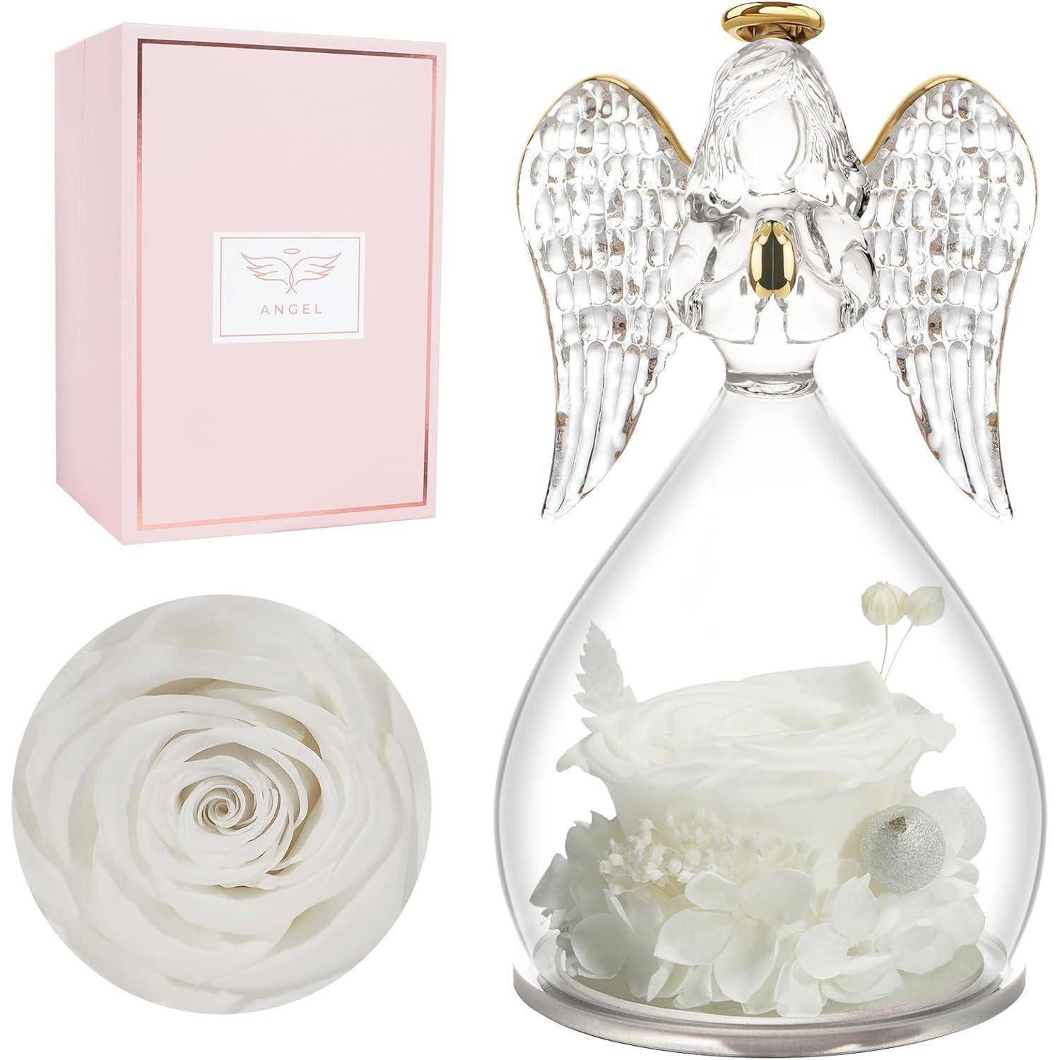 Engelfigur Ewige Rose Glaskuppel Geschenk Muttertag Weiß