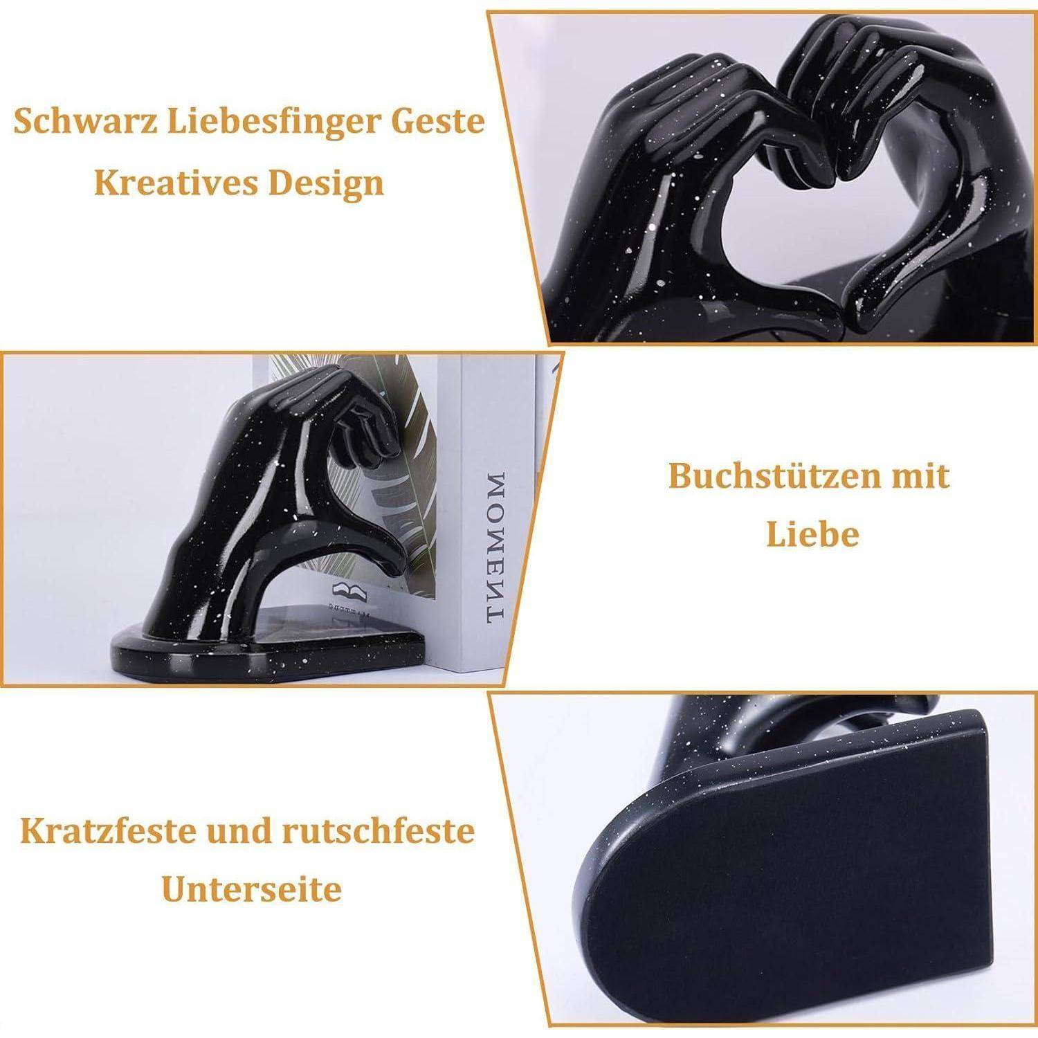 Schwarze Buchstützen in Form von Händen, die ein Herz bilden, mit Text: 'Schwarze Liebesfinger Geste Kreatives Design', 'Buchstützen mit Liebe', 'Kratzfeste und rutschfeste Unterseite'.