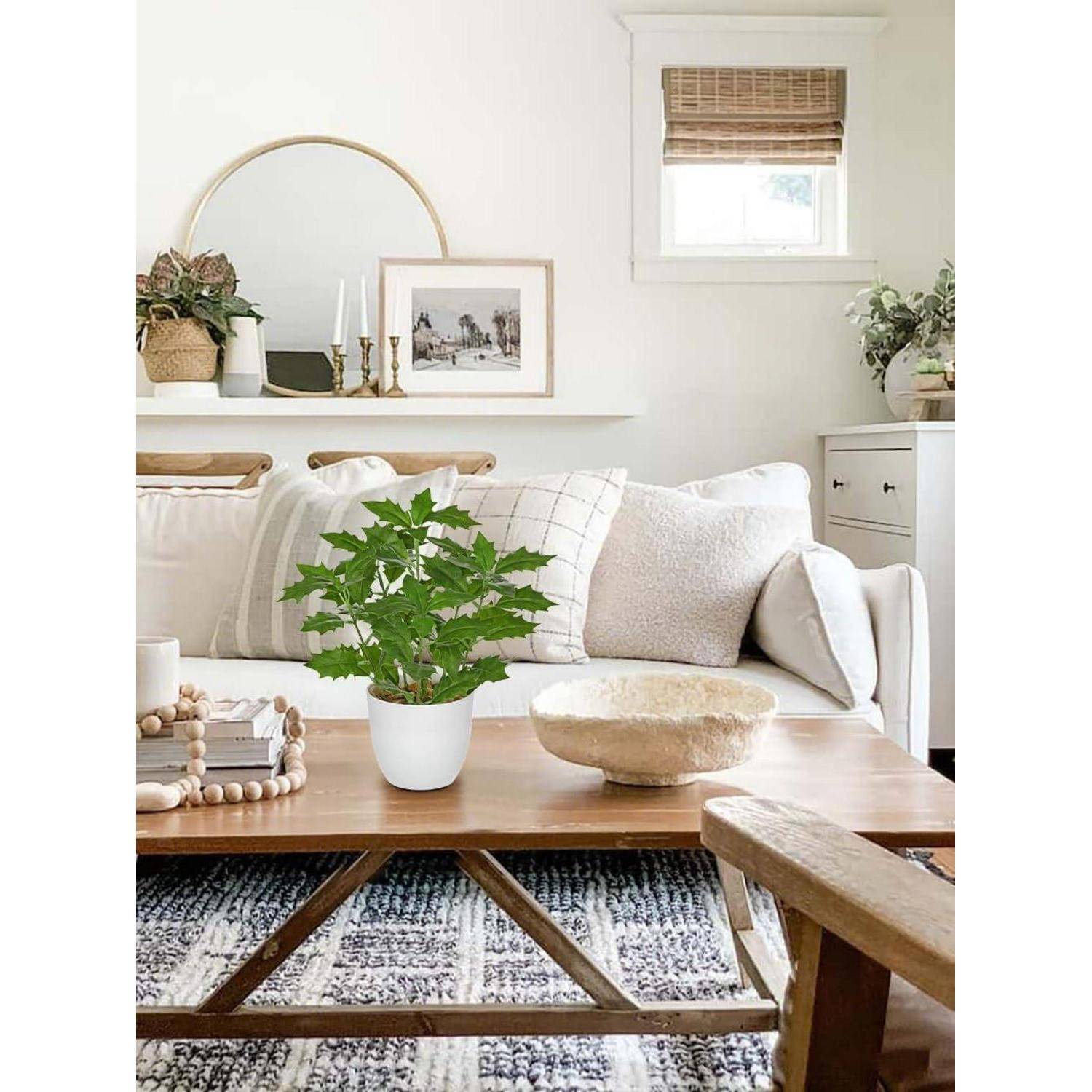 Ein gemütliches Wohnzimmer mit einem Holzkaffeetisch, auf dem eine Topfpflanze steht, einem beigen Sofa mit Kissen und Dekorationselementen auf einem Regal.