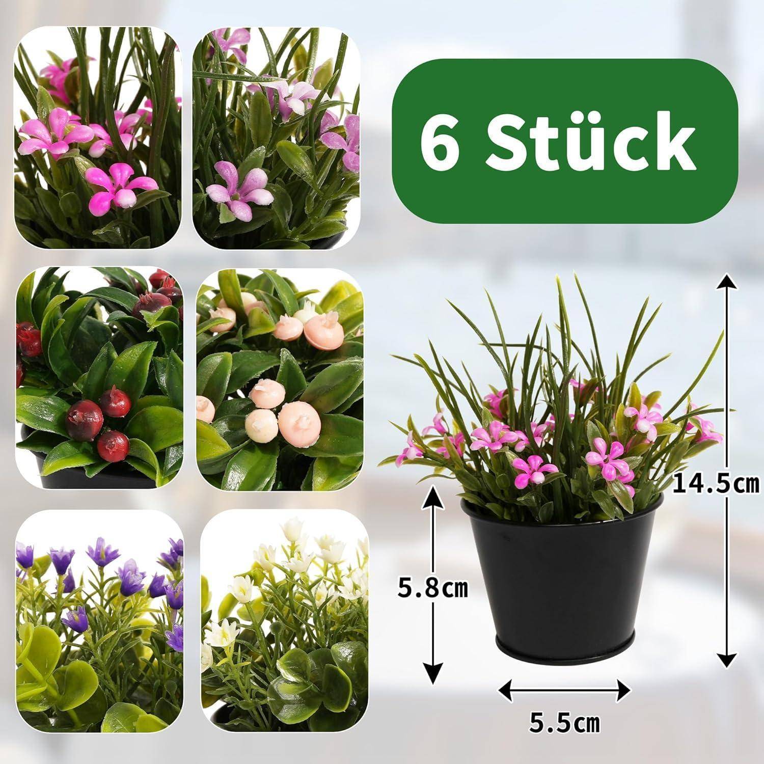 Kunstpflanze 6 Stück 16 cm klein Deko Büro Stechpalme Blumen
