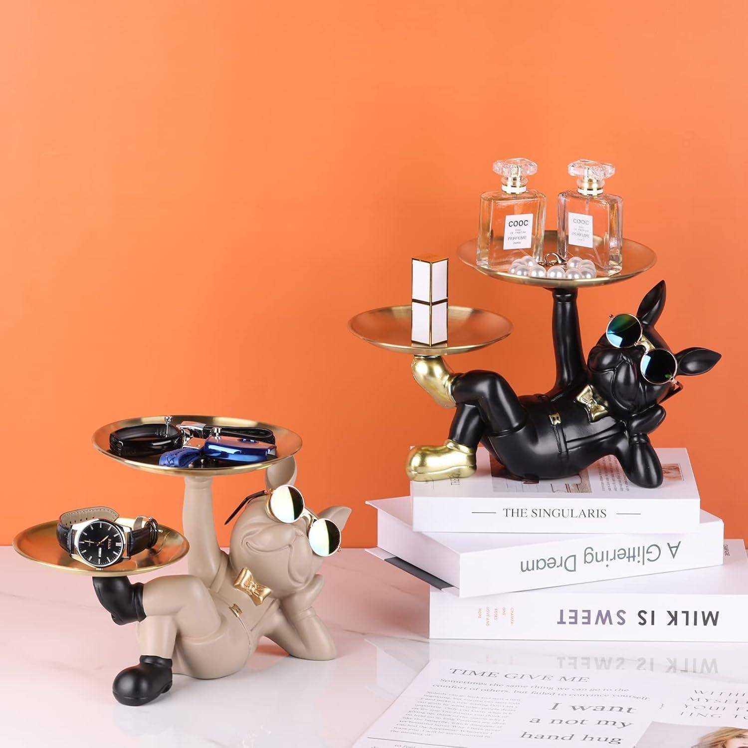 Bulldoggenstatue Harz Hundebutler Ablagetablett Behälter Schwarz 2
