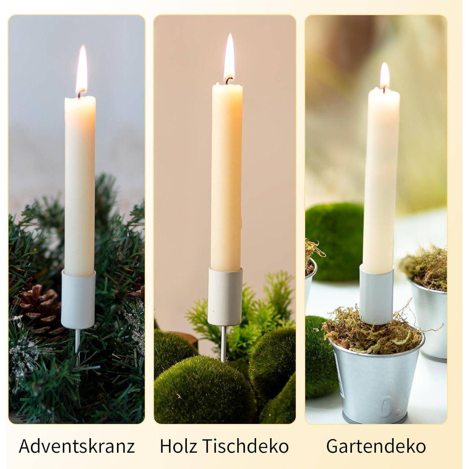Drei Kerzen in kleinen Haltern vertikal angeordnet. Links: auf Grünzeug mit Aufschrift 'Adventskranz'; Mitte: auf Moos 'Holz Tischdeko'; rechts: im Topf 'Gartendeko'.
