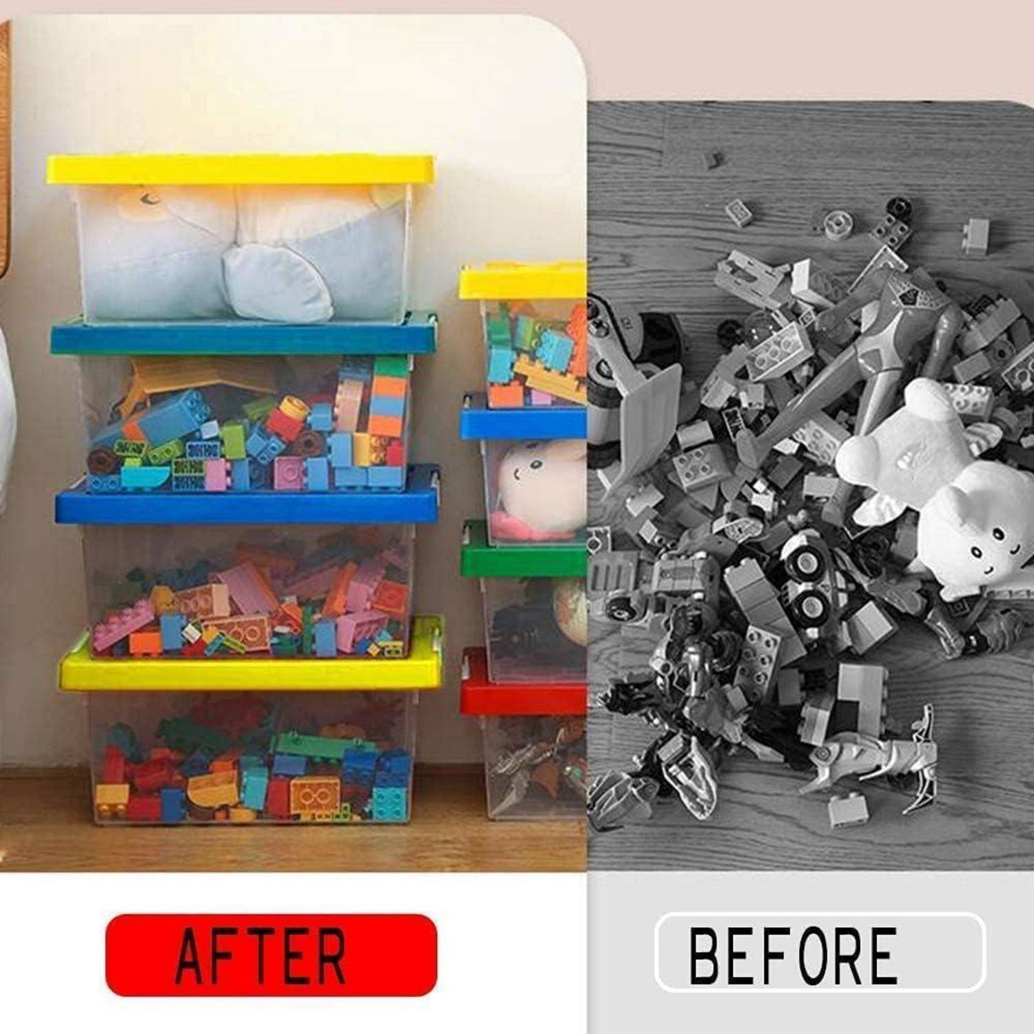 "Vorher" zeigt verstreute Spielzeuge auf dem Boden. ""Nachher"" zeigt Spielzeuge ordentlich in beschrifteten Plastikbehältern auf einem Regal organisiert.