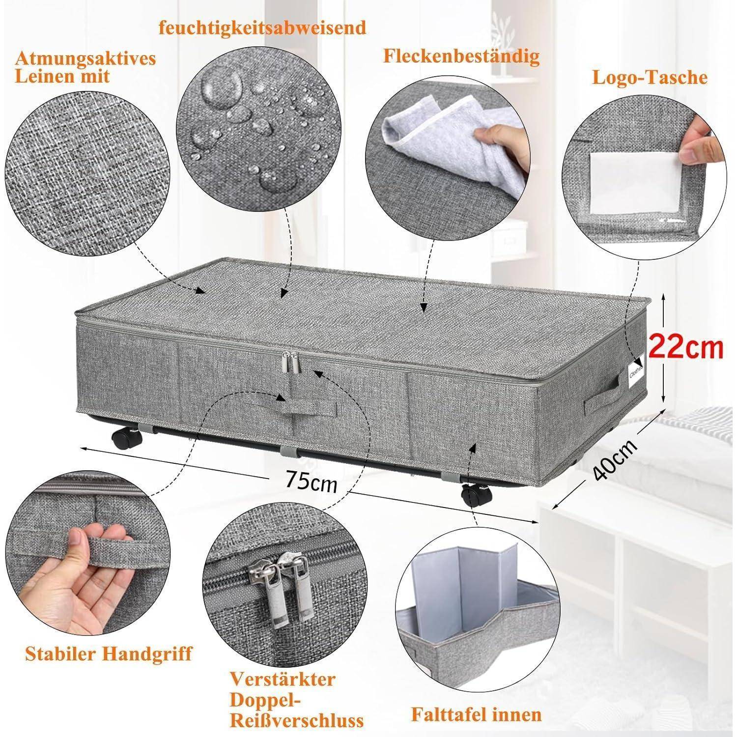 Aufbewahrungsbox mit Rollen, Maße 75 cm x 40 cm x 22 cm. Ausgestattet mit feuchtigkeitsbeständigem Leinen, fleckabweisender Oberfläche, Logotasche, Griffen und Reißverschlüssen.