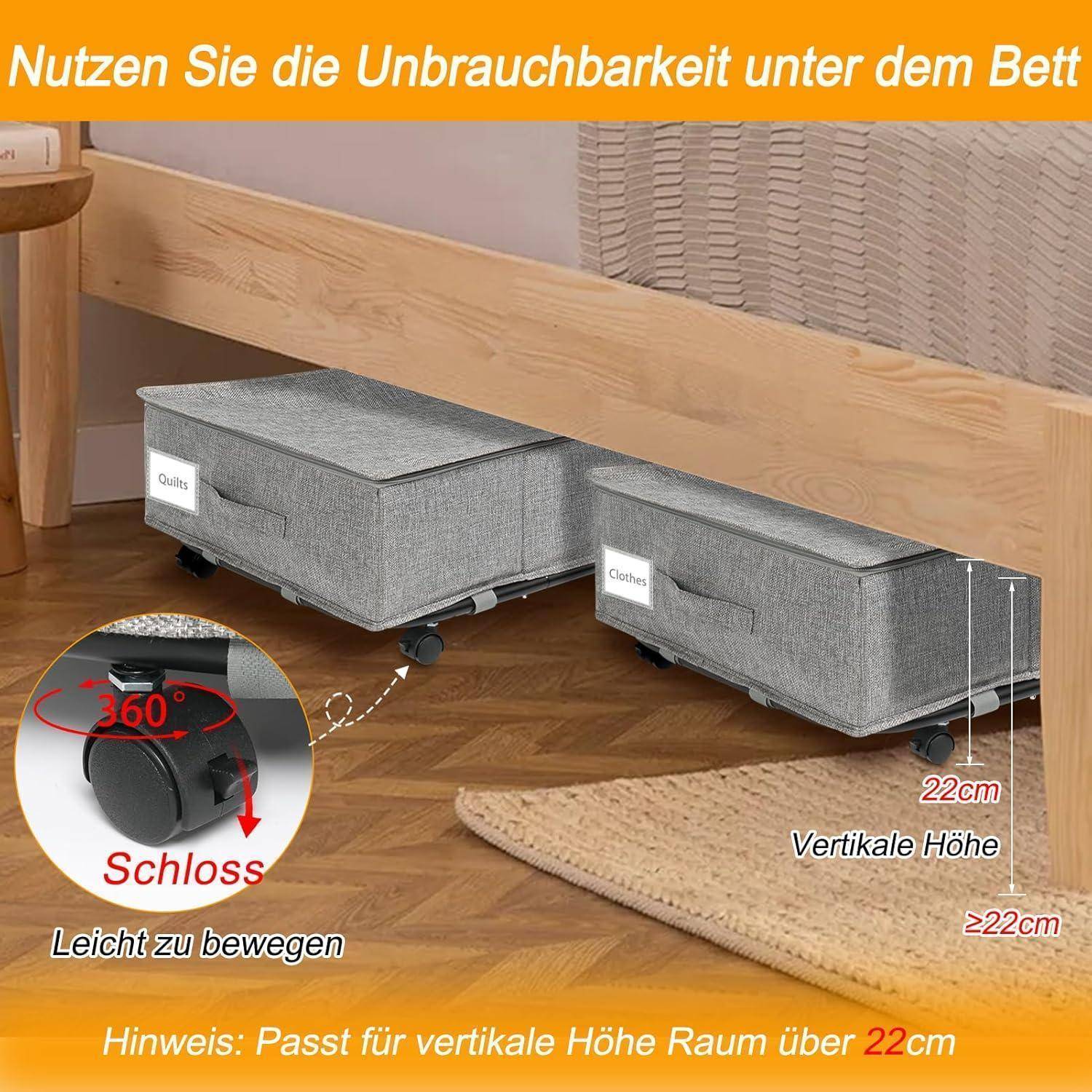 Rollbare Aufbewahrungsboxen unter dem Bett maximieren den Raum. Text: 'Nutzen Sie die Unbrauchbarkeit unter dem Bett'. Passt für vertikale Höhen über 22 cm.