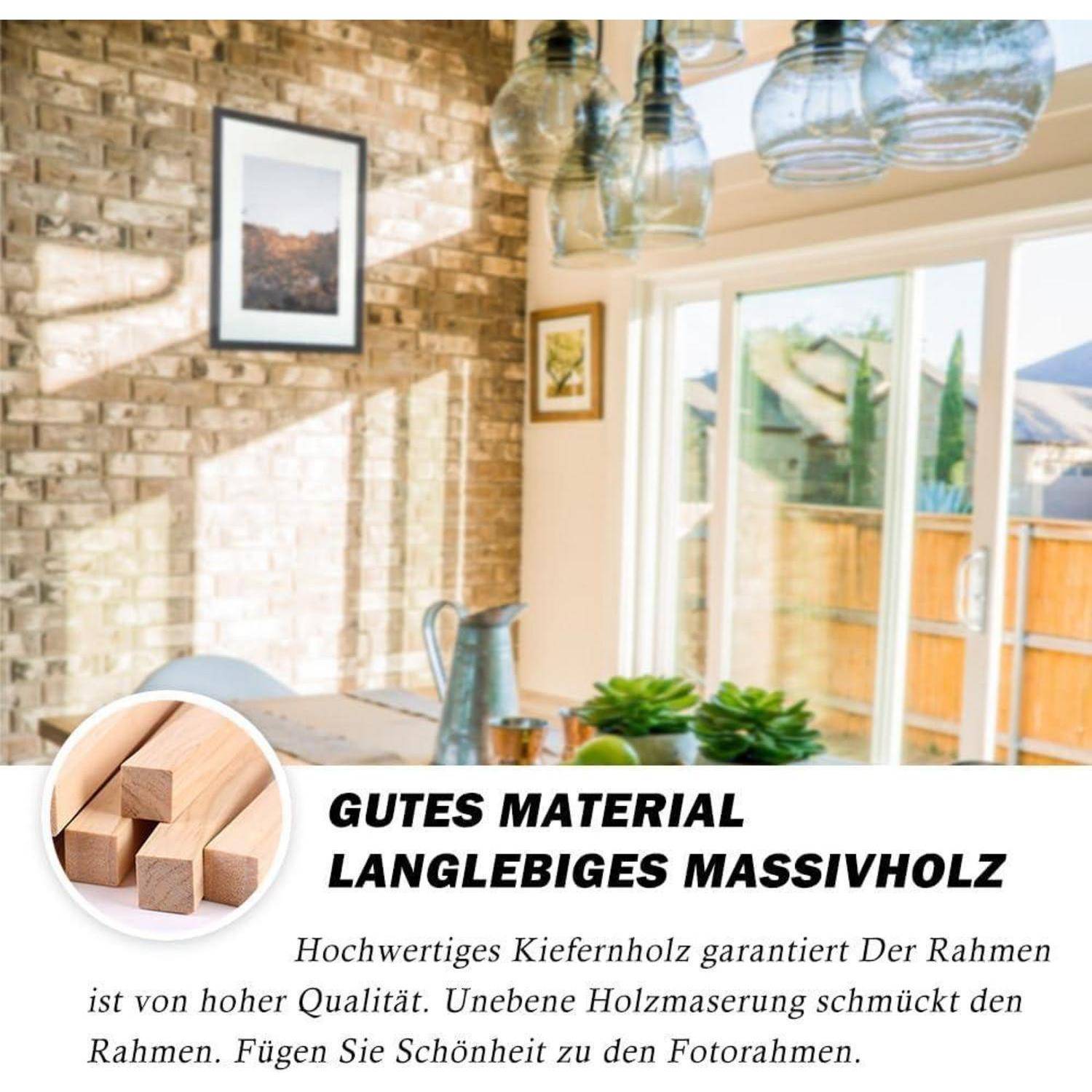 Ein Esszimmer mit einer Ziegelakzentwand, einem Holztisch und Glaspendelleuchten. Der Text beschreibt den robusten, massiven Holzrahmen.