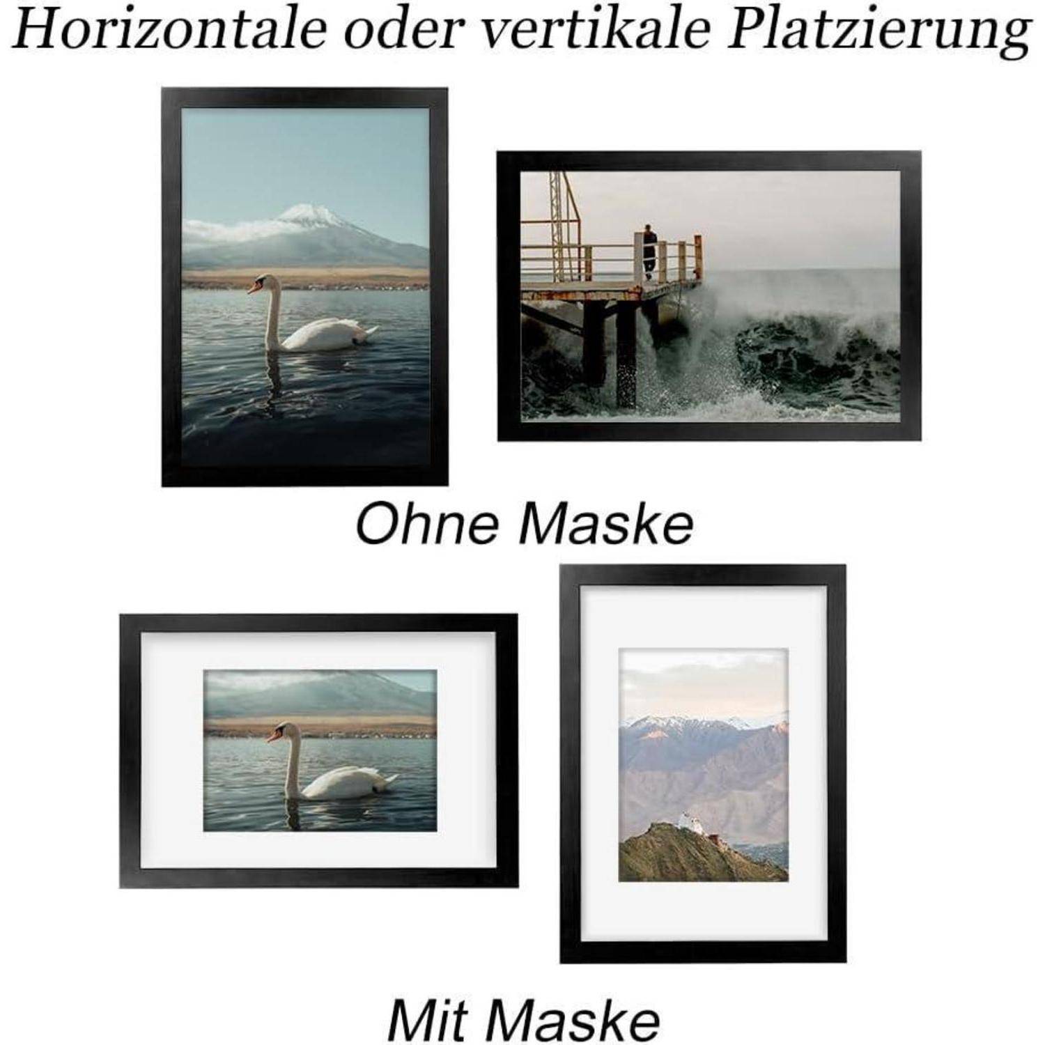 Zwei Paare gerahmter Fotos werden gezeigt: Das obere Paar ohne Passepartout und das untere Paar mit Passepartout. Jedes Paar enthält vertikale und horizontale Bilder.