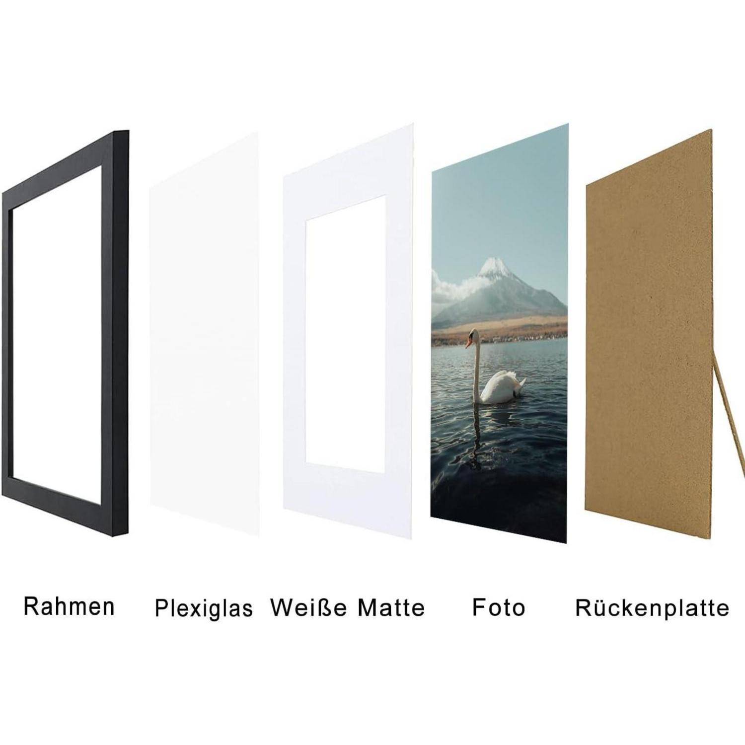Explosionszeichnung eines Bilderrahmens mit schwarzem Rahmen, Plexiglas, weißer Passepartout, Foto eines Schwans auf Wasser und Rückwand.