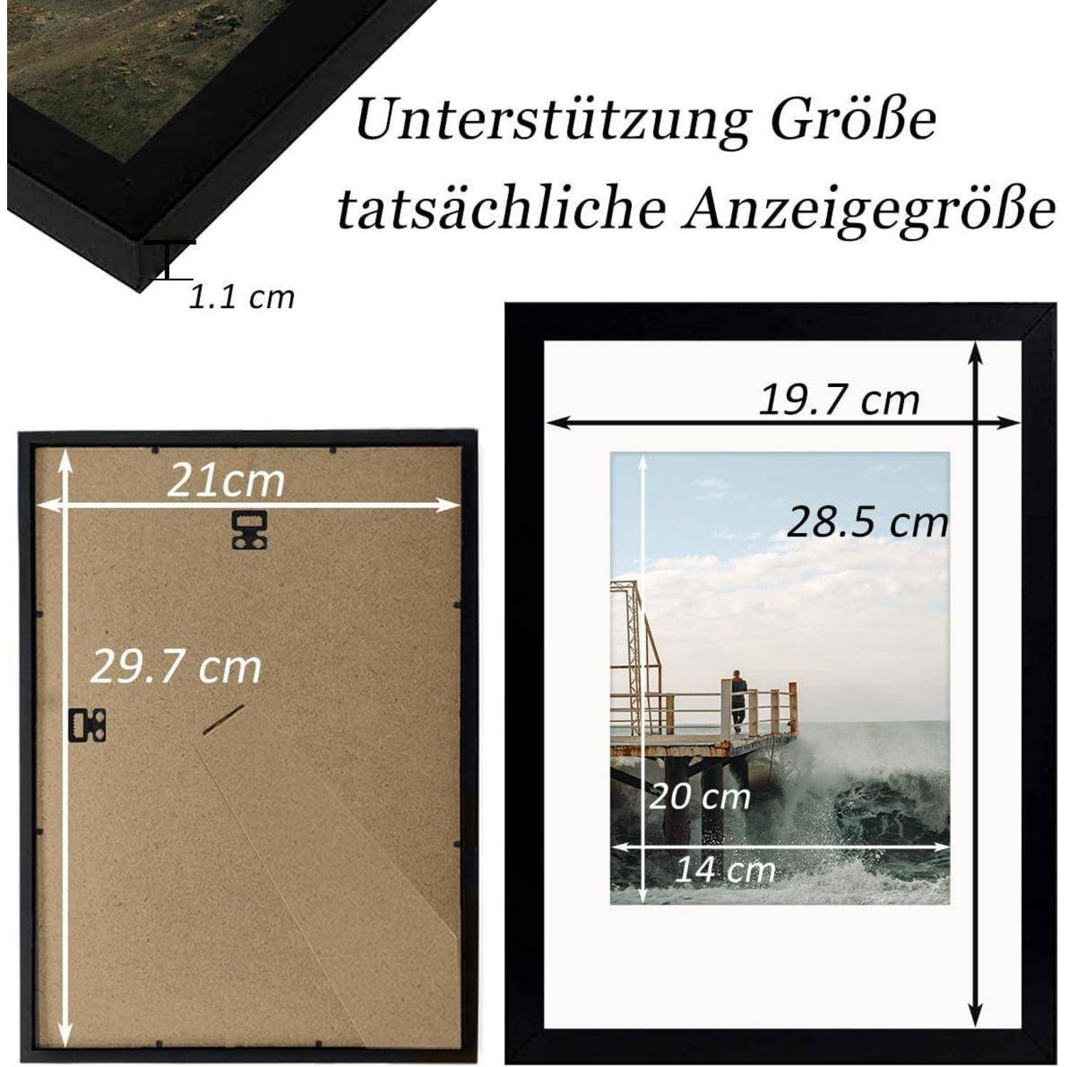 Bilderrahmen-Abmessungen: Außengröße 21 cm x 29,7 cm, Anzeigebereich 19,7 cm x 28,5 cm mit einem 1,1 cm breiten Rand.