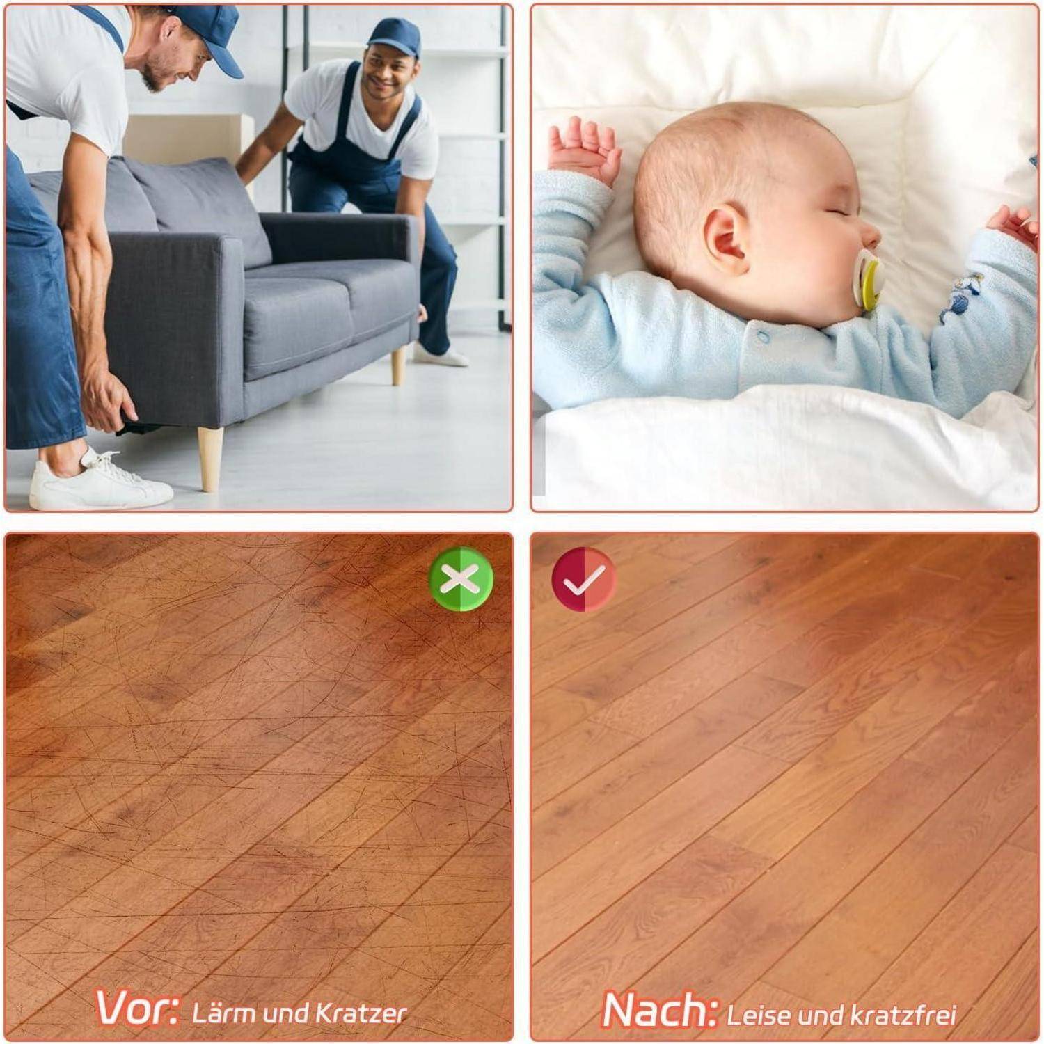 Zwei Arbeiter heben ein Sofa. Ein Baby schläft friedlich. Die Bilder unten vergleichen einen zerkratzten, lauten Boden „Vor: Lärm und Kratzer