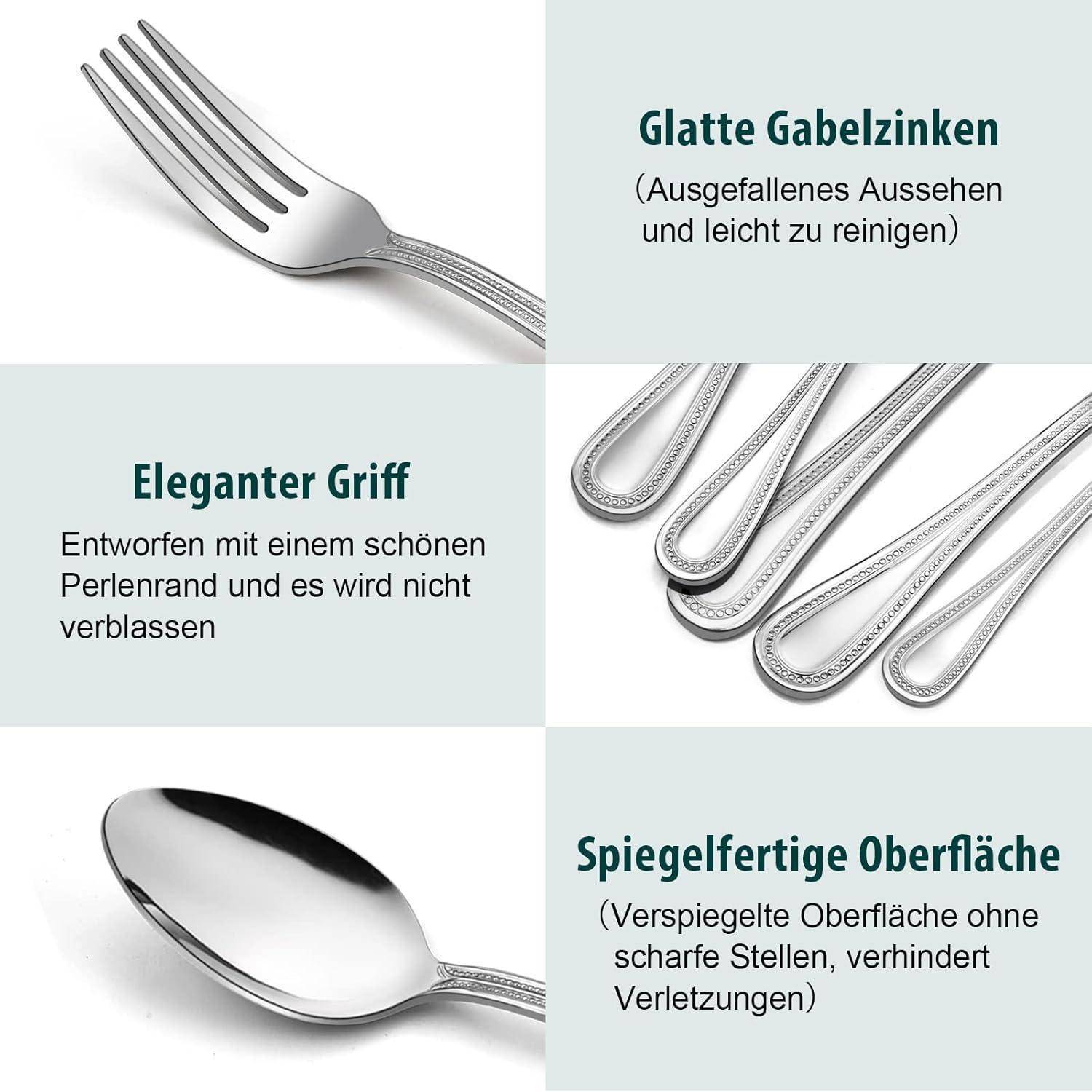 Das Bild zeigt eine Gabel mit glatten Zinken, einem eleganten Griff mit Perlenkante und einer spiegelpolierten Oberfläche, wobei die Schlüsselmerkmale hervorgehoben werden.