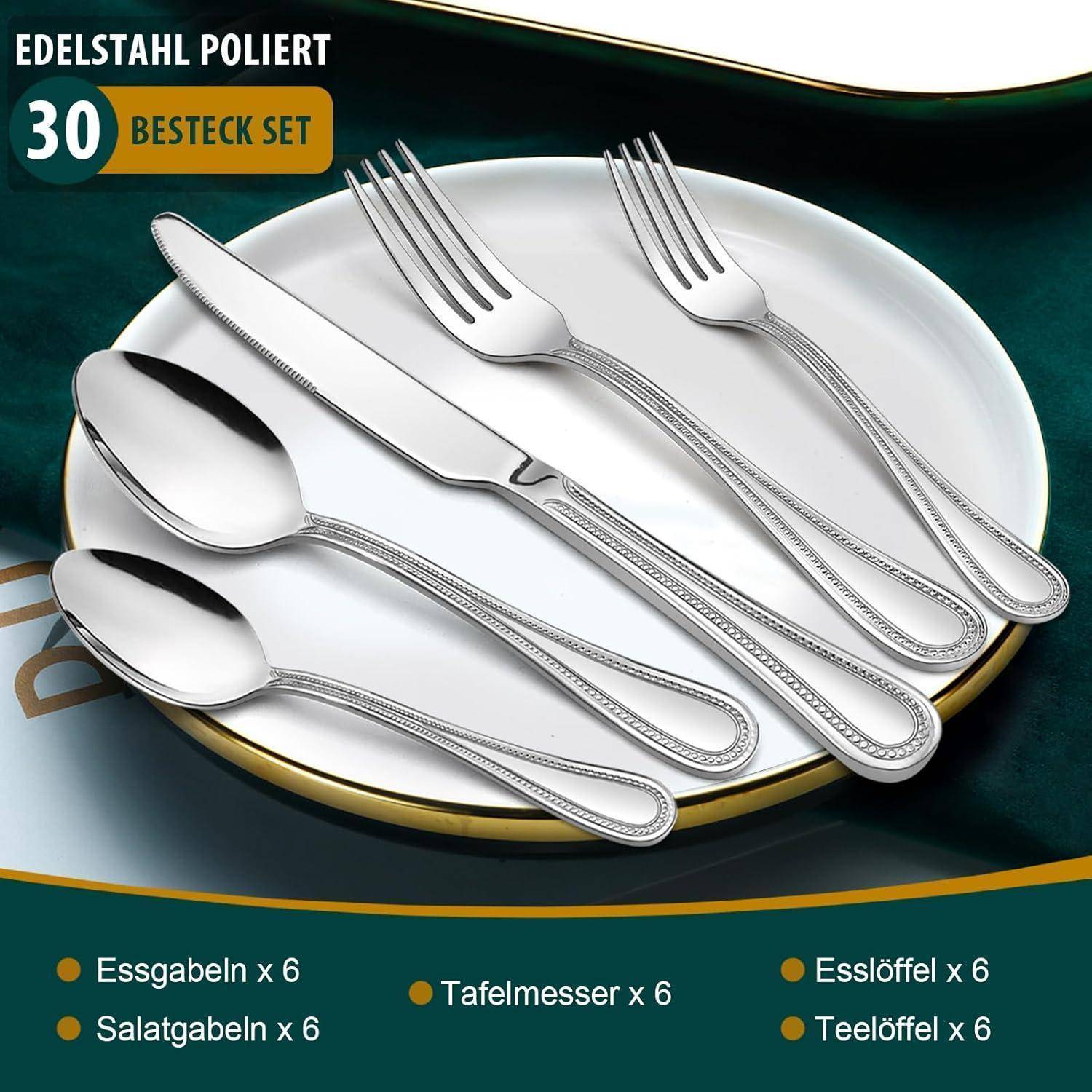 Ein Set aus polierten Edelstahlbesteck, bestehend aus sechs Esslöffeln, Gabeln, Messern, Salatgabeln, Dessertlöffeln und Teelöffeln.
