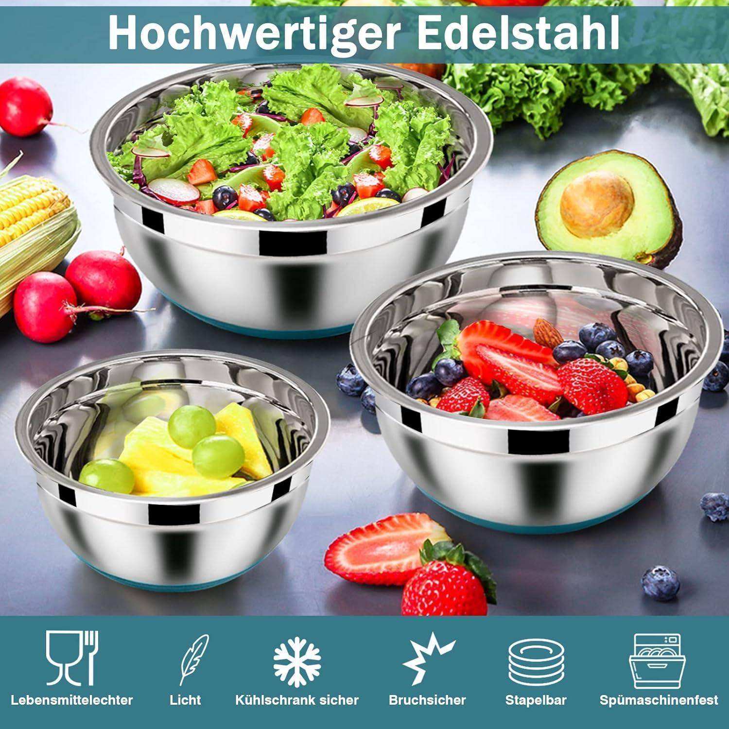 Drei Edelstahlmischschüsseln gefüllt mit Salat, Obst und Joghurt. Text lautet 