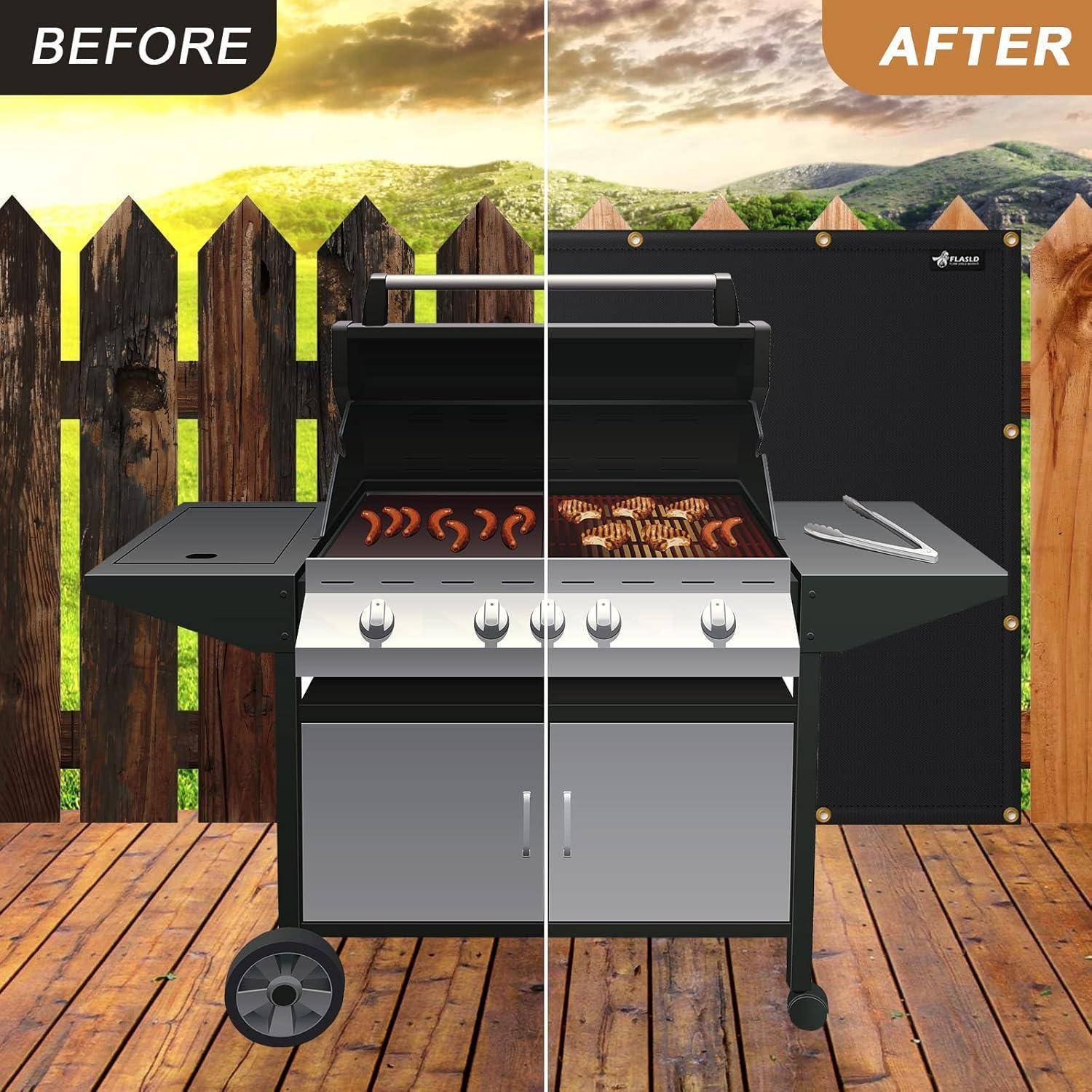 Vorher- und Nachher-Vergleich eines Grills. 'Vorher' zeigt Rost; 'Nachher' ist sauber. Vor einer Holzwand und bergiger Landschaft im Hintergrund.