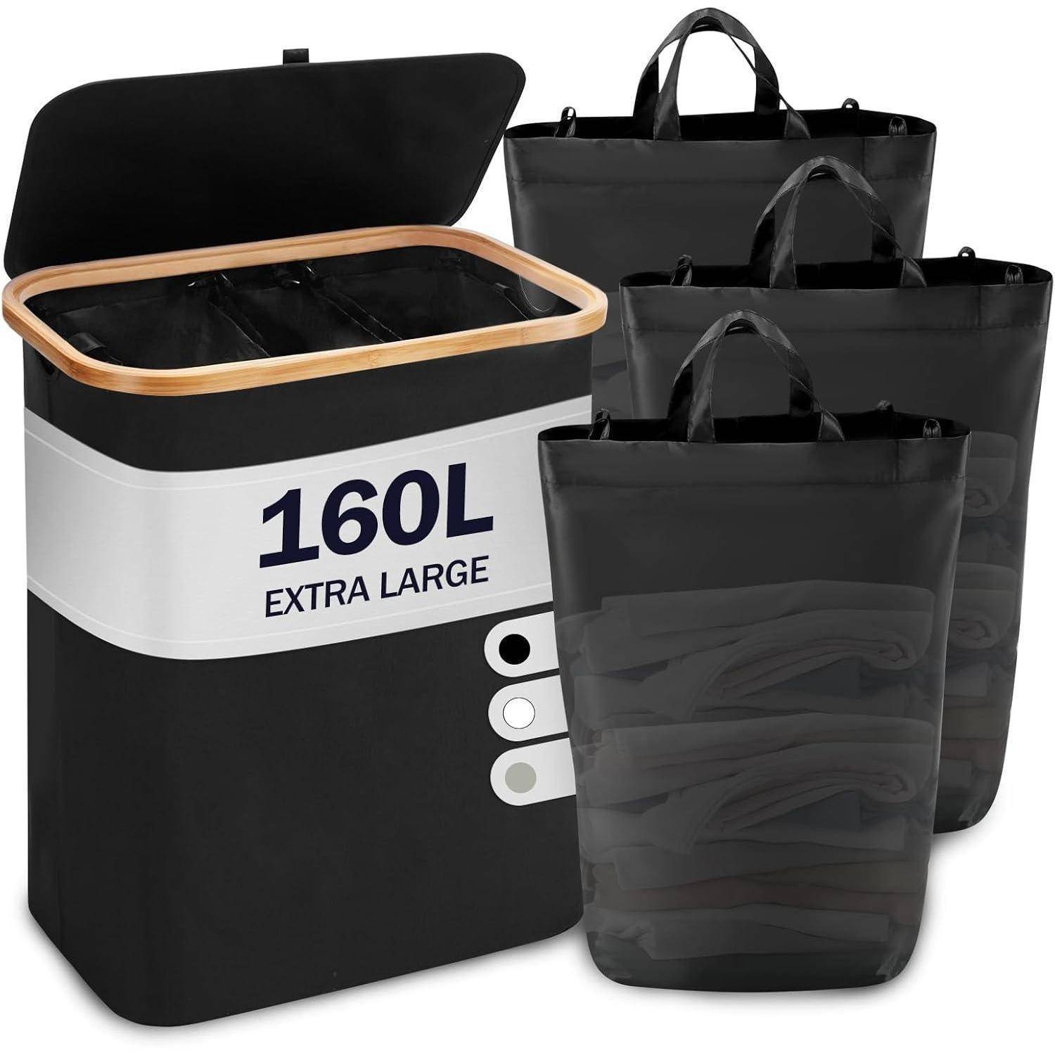 Wäschekorb Deckel 3 Fächer Wäschesäcke Bambus 160L Schwarz