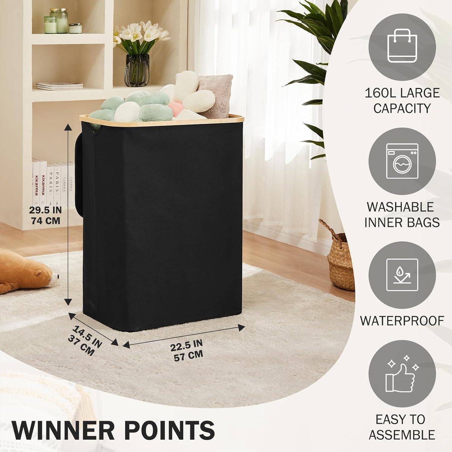 Wäschekorb Deckel 3 Fächer Wäschesäcke Bambus 160L Schwarz