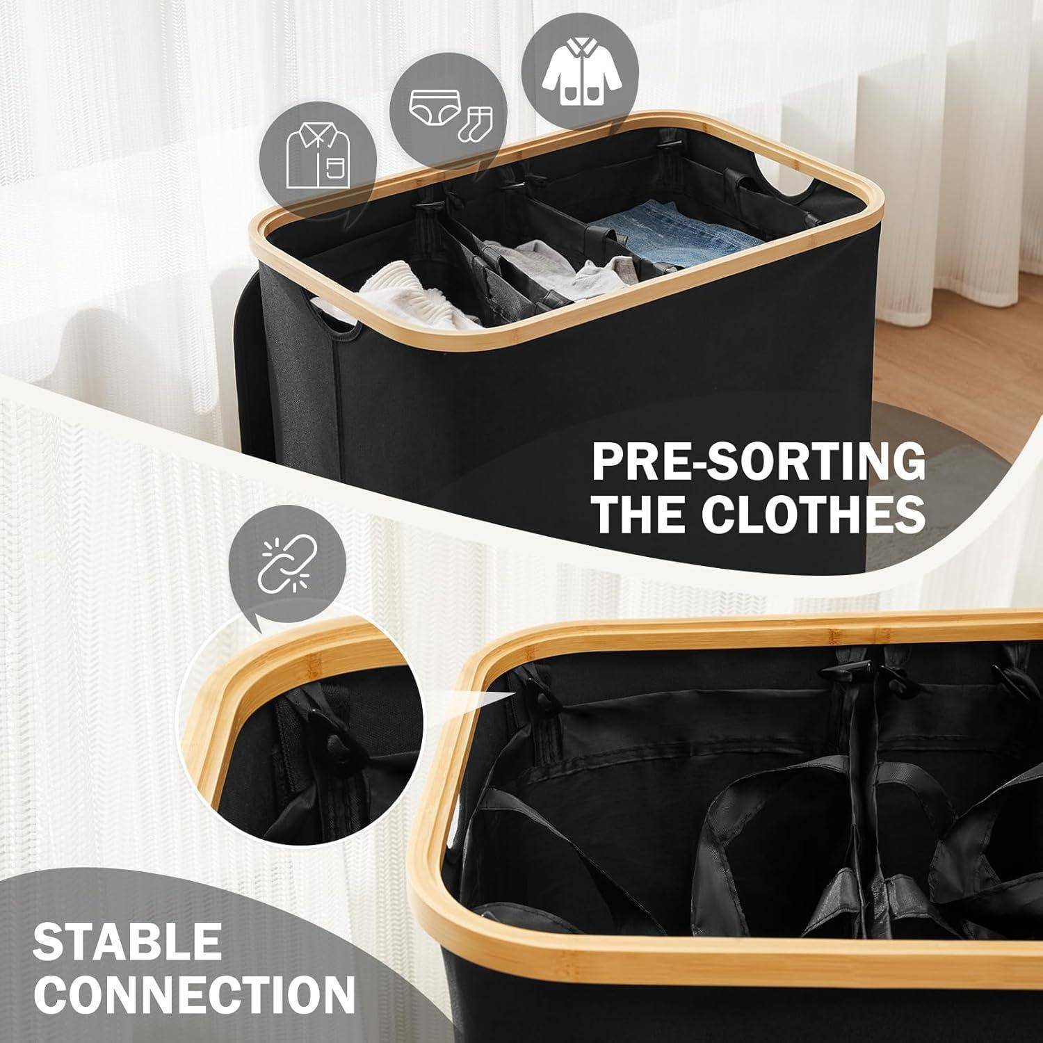 Wäschekorb Deckel 3 Fächer Wäschesäcke Bambus 160L Schwarz