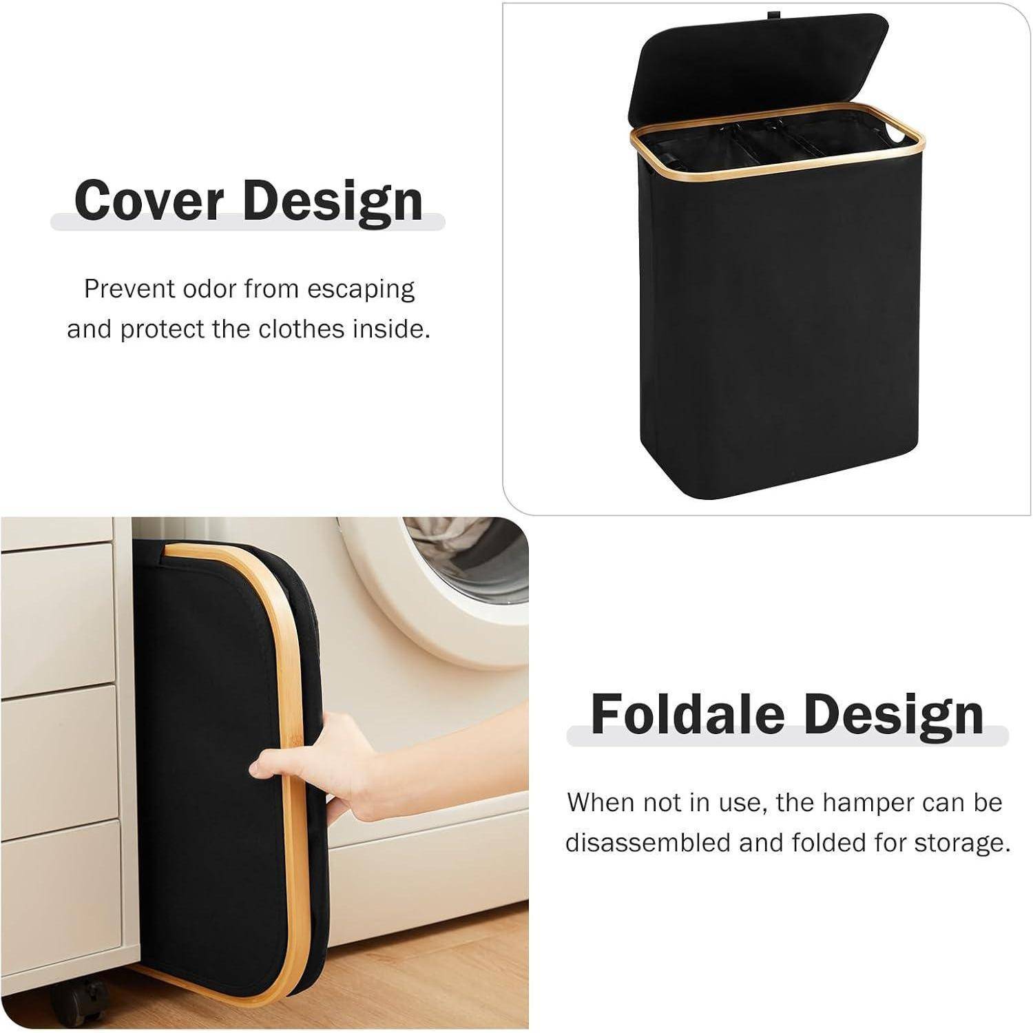 Wäschekorb Deckel 3 Fächer Wäschesäcke Bambus 160L Schwarz