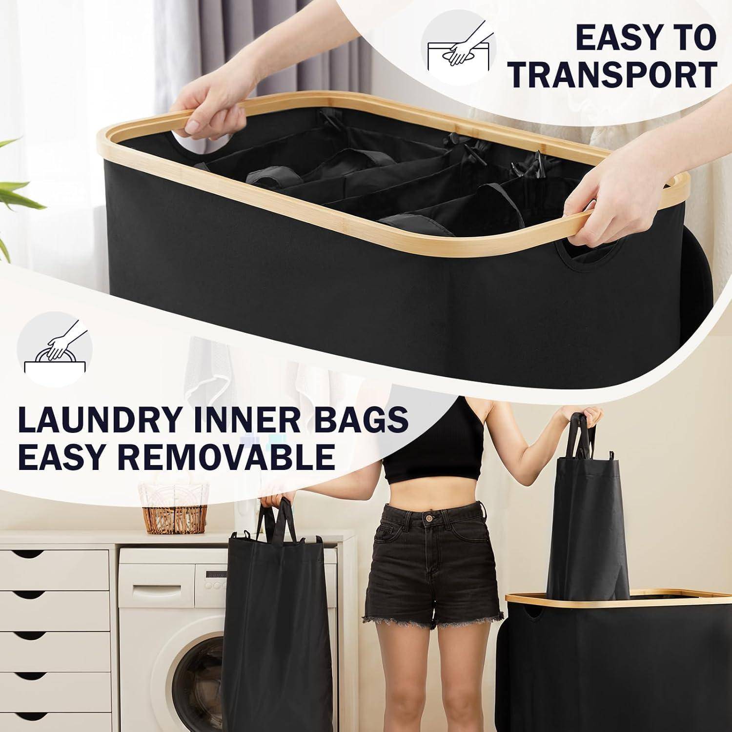 Wäschekorb Deckel 3 Fächer Wäschesäcke Bambus 160L Schwarz