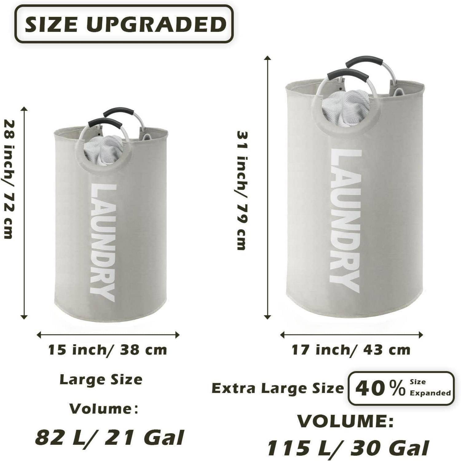 Größe Aufgewertet' Wäschekörbe: Große Größe, 82 L/21 Gal; 15 Zoll/38 cm x 28 Zoll/72 cm. Extra groß, 115 L/30 Gal; 40% Größe erweitert, 17 Zoll/43 cm x 31 Zoll/79 cm.