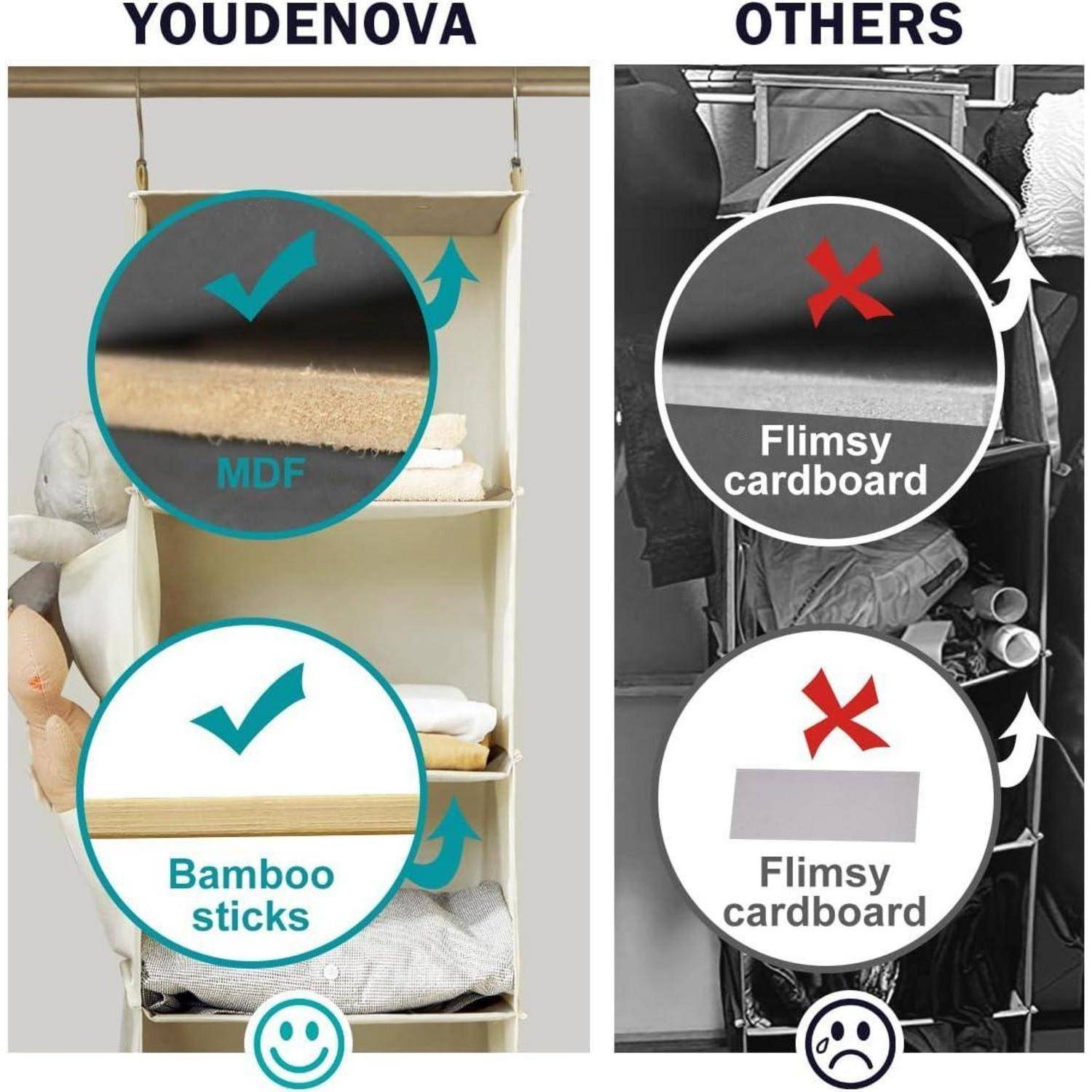 Links: 'YOUDENOVA' mit MDF und Bambussstäben; Rechts: 'ANDERE' mit brüchiger Pappe