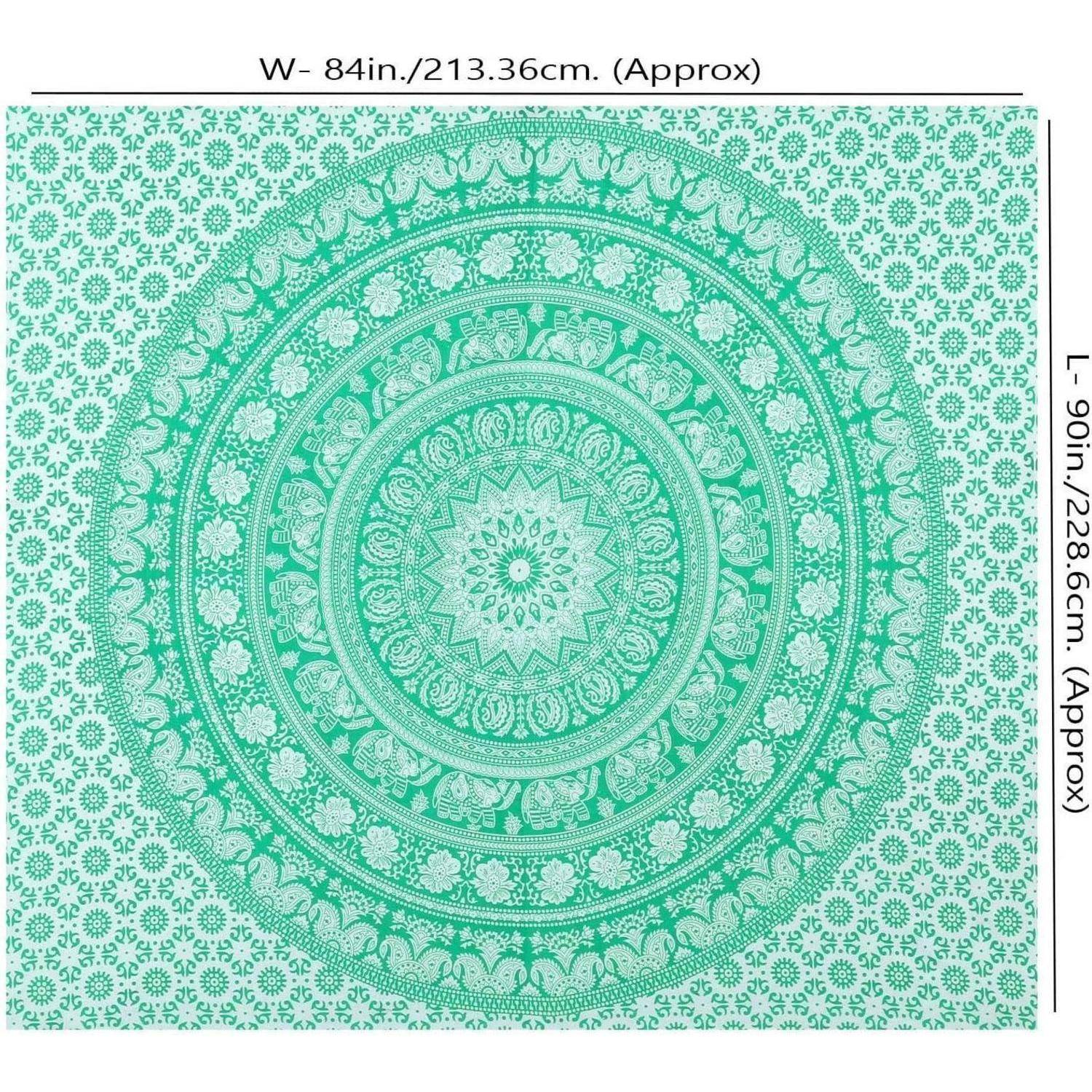 Grüne Mandala-Wandteppich mit kunstvollen kreisförmigen Mustern, 84 Zoll breit und 90 Zoll lang.
