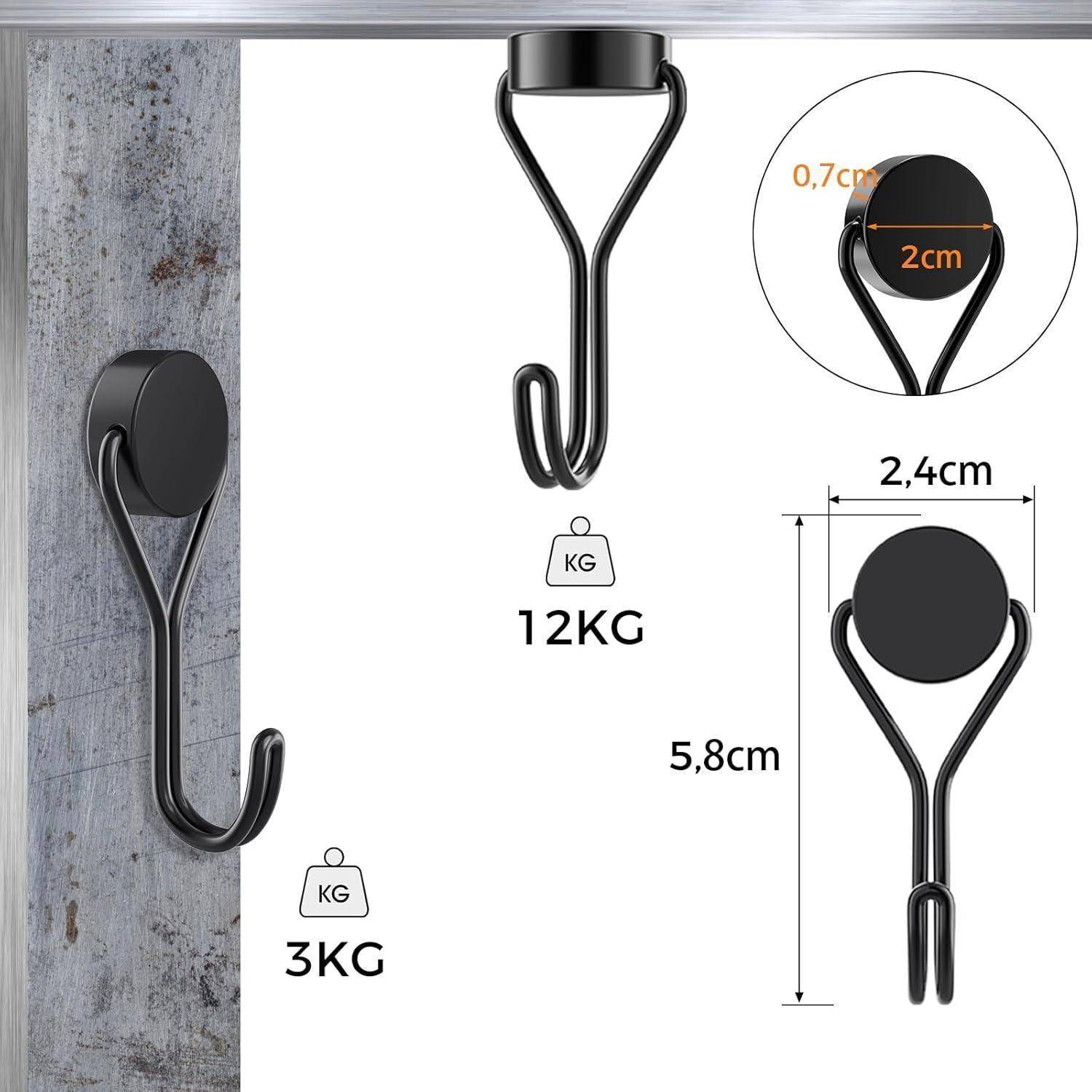 Wandhaken-Illustration mit drei Haken und Angaben zu Abmessungen und Tragfähigkeiten: ein Haken, der 3 kg trägt, ein anderer 12 kg, beschriftet mit Durchmesser (2 cm) und Länge (5,8 cm).