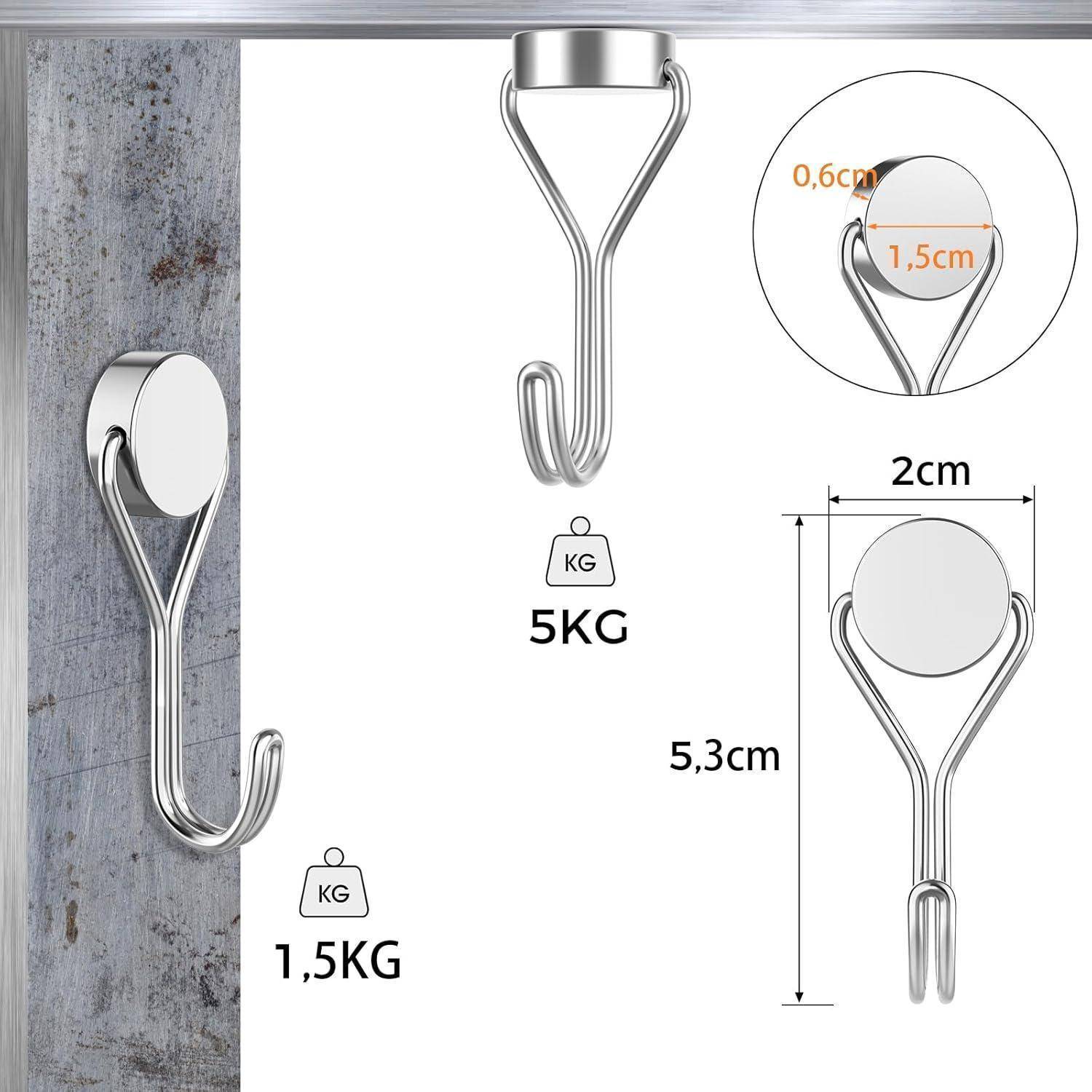 Metallhaken mit Tragfähigkeiten: großer Haken 1,5 kg und kleiner Haken 5 kg. Abmessungen: 2 cm breit, 5,3 cm hoch.