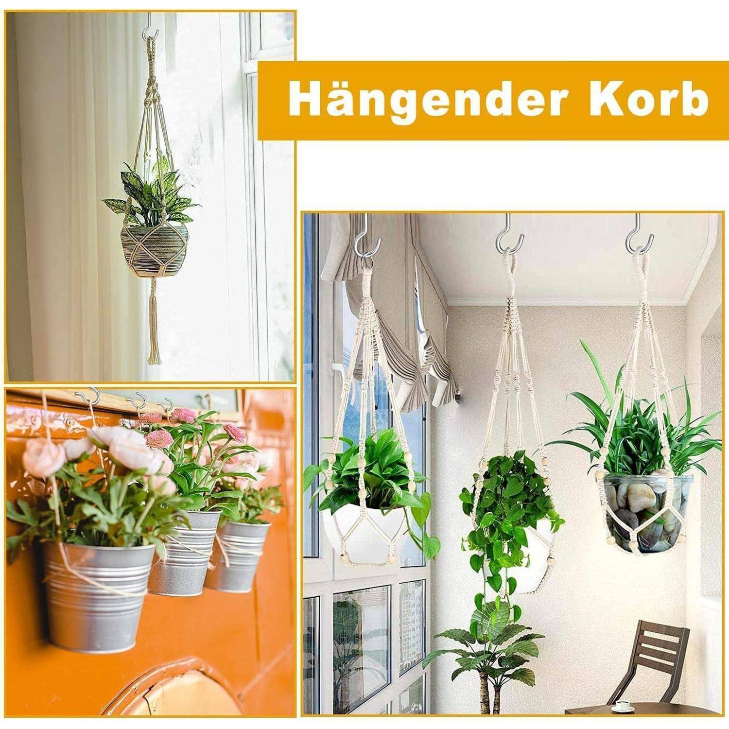 Hängender Korb' mit Bildern von Blumenampeln, die grüne Pflanzen in verschiedenen Umgebungen zeigen und Wohnungseinrichtung betonen.