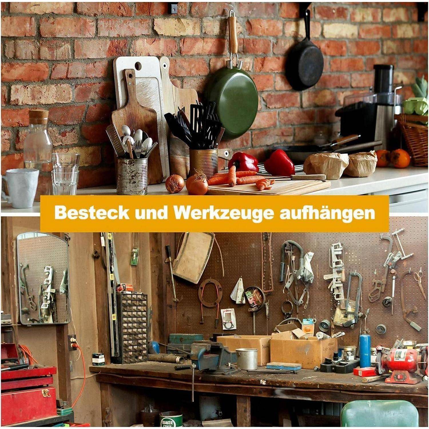Eine gut organisierte Küche mit aufgehängten Küchenutensilien und eine rustikale Werkstatt mit Werkzeugen, die ordentlich an einer Wand ausgestellt sind.