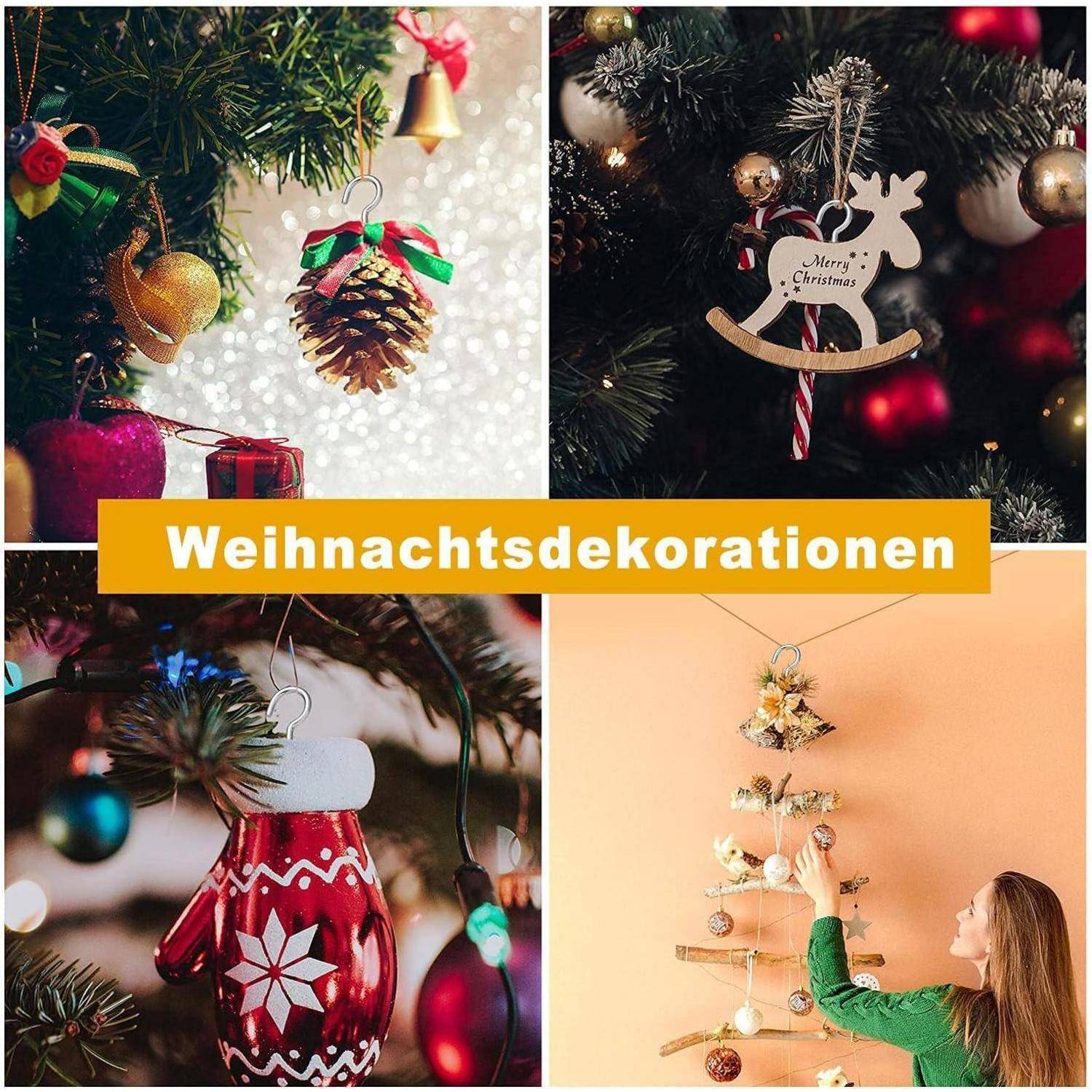 Weihnachtsdekorationen an Bäumen mit Christbaumkugeln, Glocken und einem Schaukelpferd. Eine Person platziert einen Stern auf einem minimalistischen Wandbaum. Text lautet „Weihnachtsdekorationen