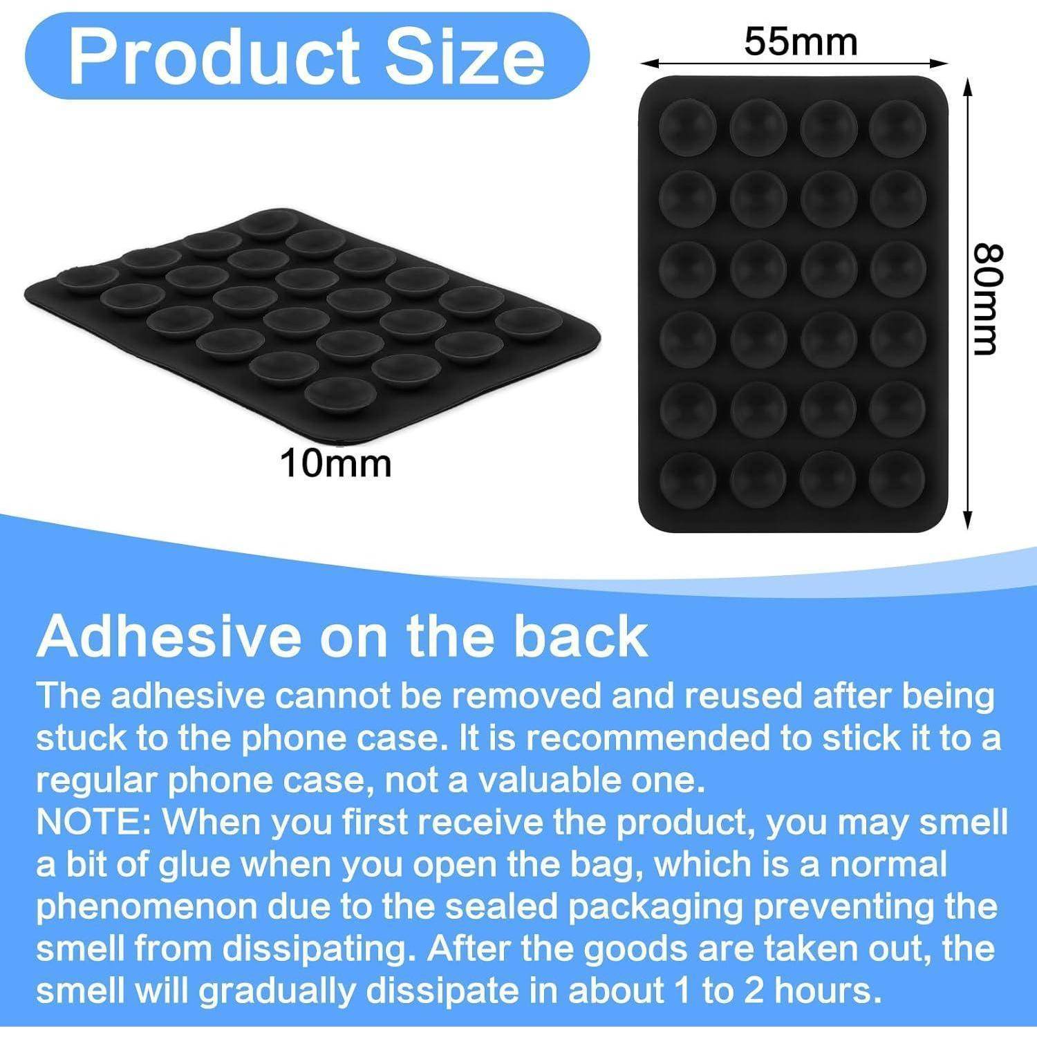 Das Bild 'Produktgröße' zeigt eine schwarze Matte mit mehreren runden Erhebungen, die 10 mm dick, 55 mm breit und 80 mm lang ist. Der Klebstoff auf der Rückseite wird als nach dem Entfernen nicht wiederverwendbar beschrieben, und es wird davor gewarnt, den Beutel vor der Verwendung zu öffnen.
