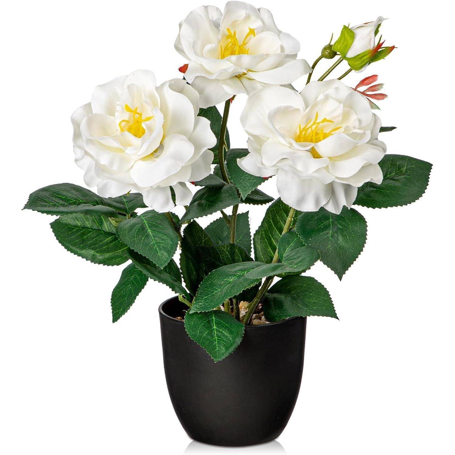 Kunstblumen Kunstrosen Rosenbusch Topf Höhe 28 cm Büro Weiß