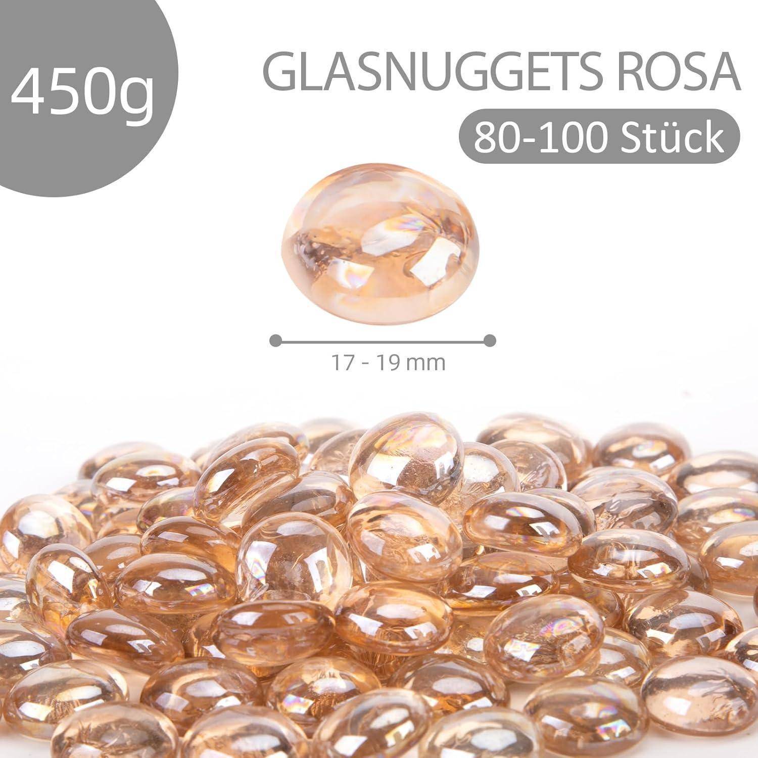 450g Glasnuggets Rosa' mit Bild von rosa Glasnuggets, Größe 17-19 mm, Menge 80-100 Stück, aufgehäuft.