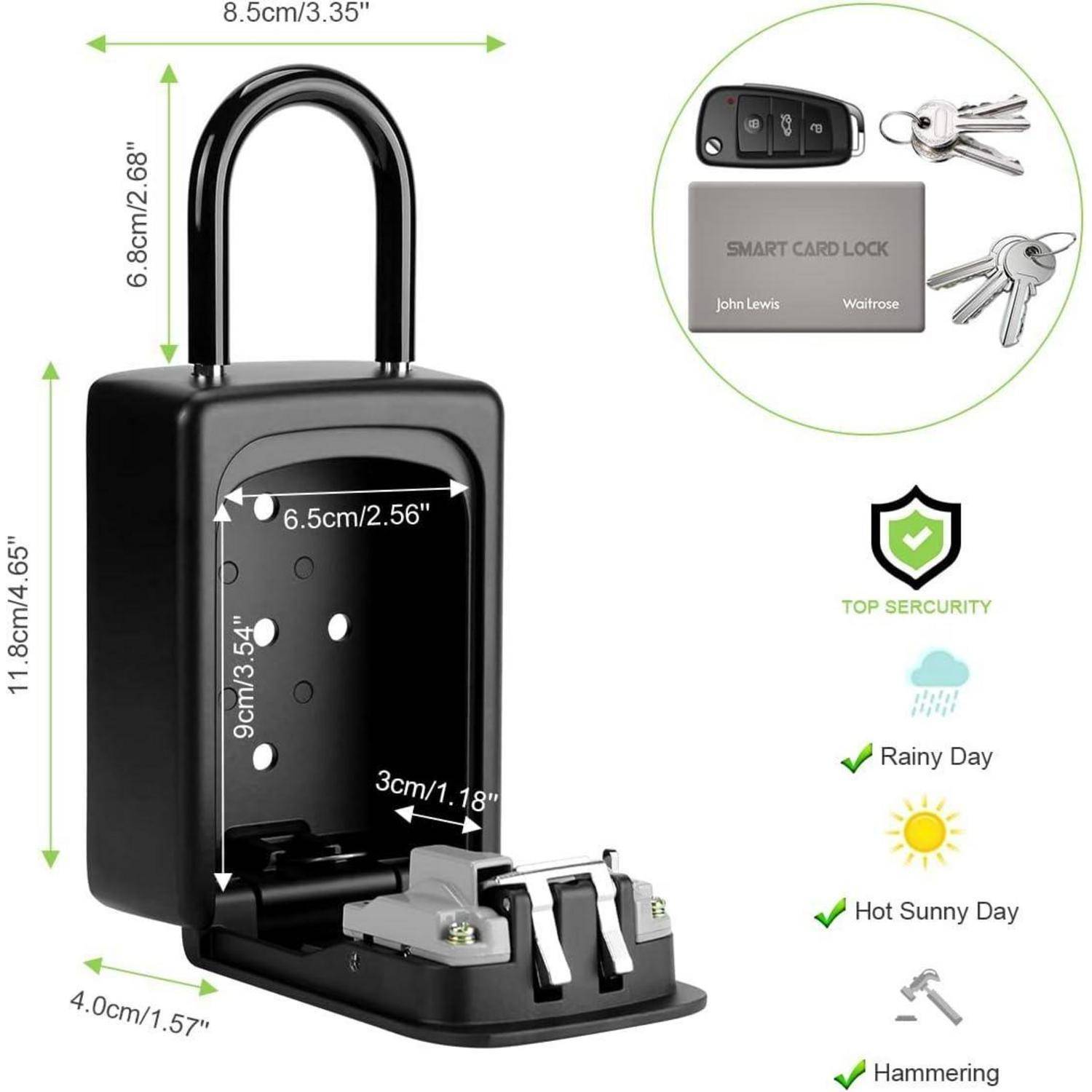 Eine schwarze, intelligente Schlüsselbox ist geöffnet und zeigt ihre Innenabmessungen sowie einen sicheren Mechanismus. In der Nähe befinden sich ein Schlüsselanhänger, Schlüssel und ein 'Top Sicherheit' Etikett mit Symbolen für Wetterbeständigkeit und entsprechender Beschriftung.