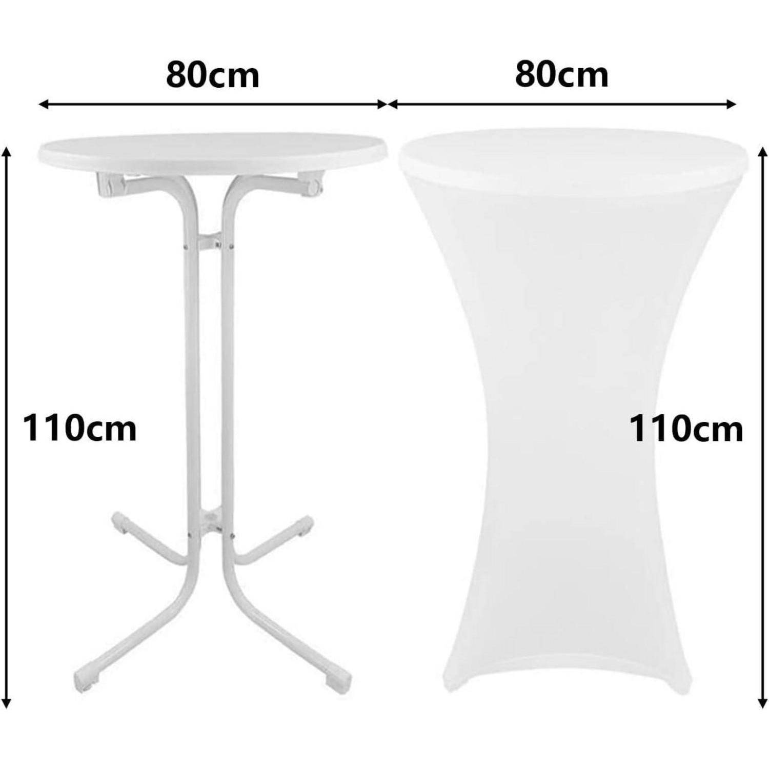 Tabellenvergleich von zwei weißen, runden Tischen, beide 80 cm im Durchmesser und 110 cm hoch, einer mit überzogenem Bezug.