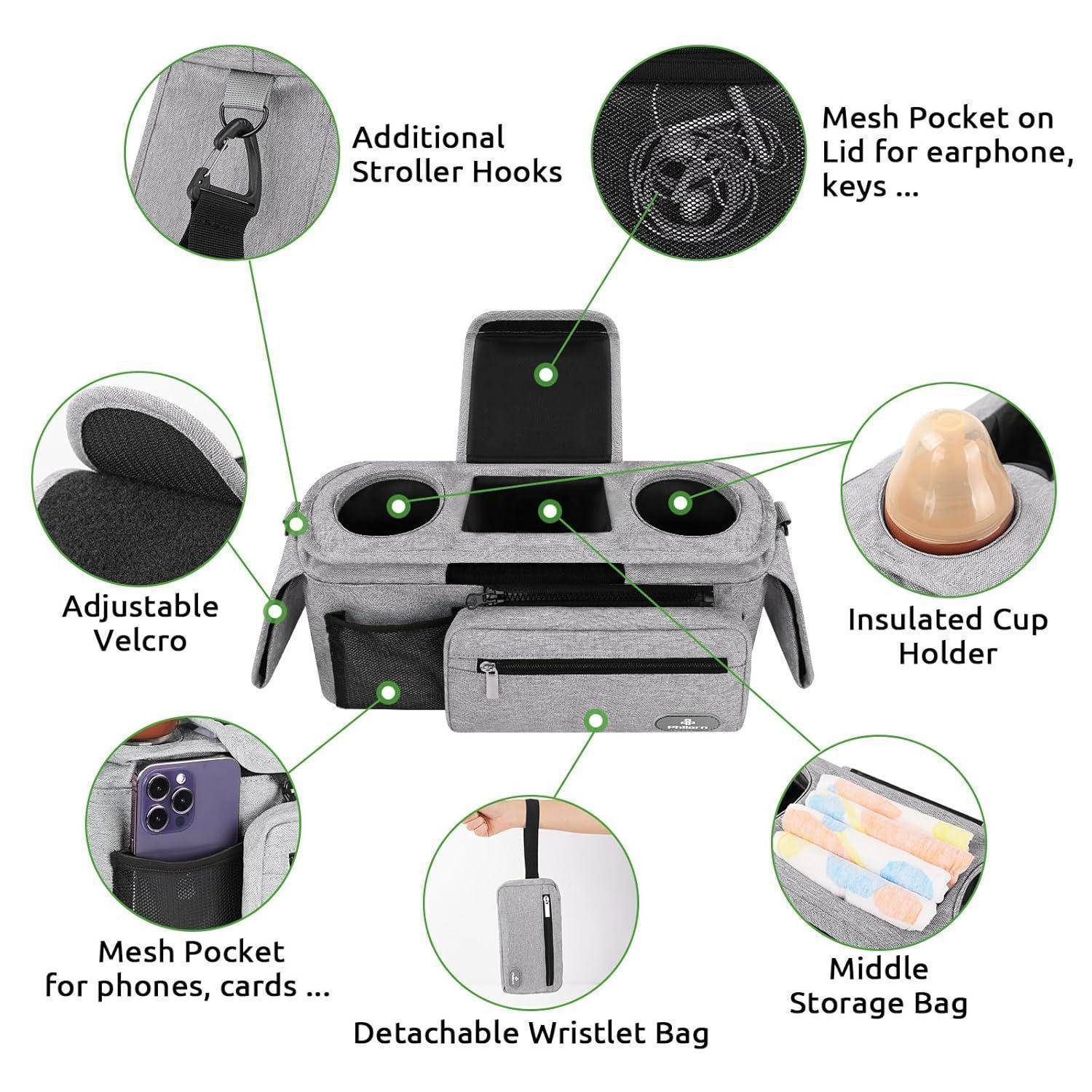 Wickeltasche mit Merkmalen: zusätzliche Kinderwagenhaken, verstellbarer Klettverschluss, Netztasche für Handy, abnehmbare Handgelenkstasche, isolierter Becherhalter, mittlere Aufbewahrungstasche und Netztasche auf dem Deckel.