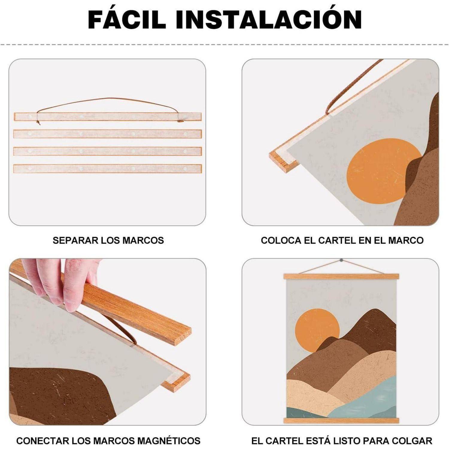 Einfache Installation' Schritte: 1) Holzrahmen trennen. 2) Poster in den Rahmen legen. 3) Magnetrahmen verbinden. 4) Poster ist zum Aufhängen bereit.