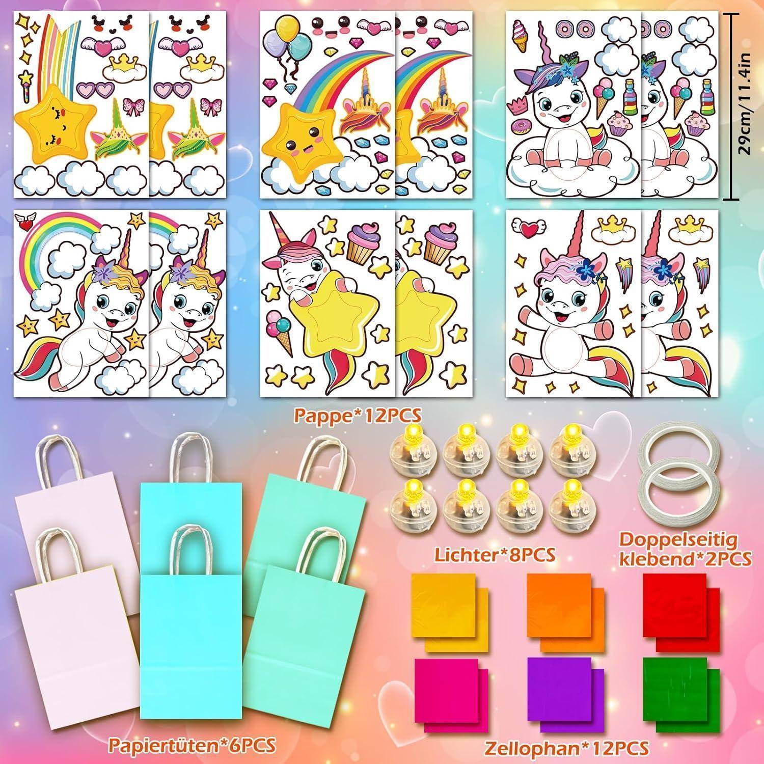 Ein buntes Bastelset für Kinder mit Einhörnern und Sternen auf Kartonbögen, inklusive Beuteln, Lichtern und dekorativen Quadraten.